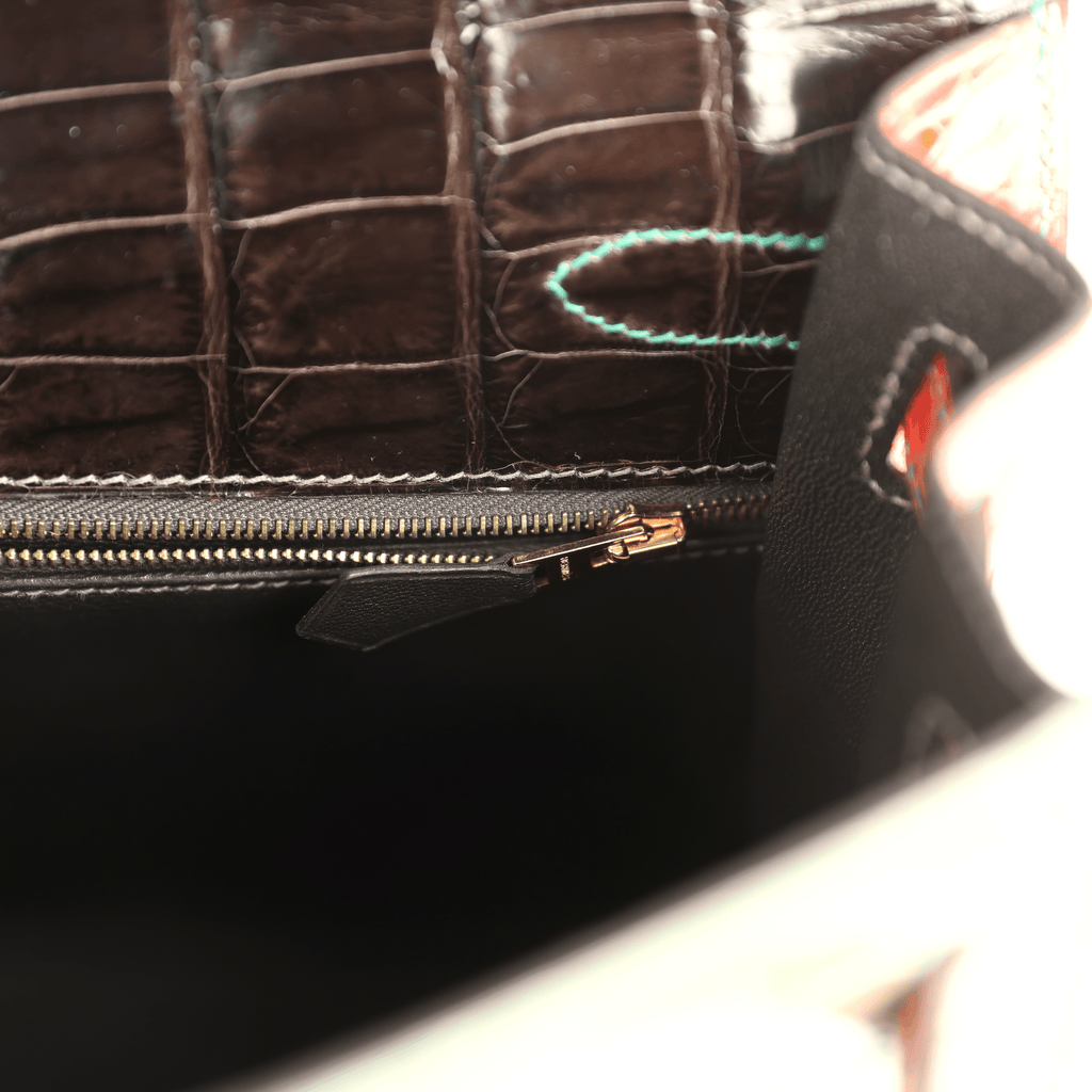 Pre-owned Hermes Special Order (HSS) Kelly Sellier 32 Graphite, Gris Tourterelle and Geranium Shiny Niloticus Crocodile Brushed Gold Hardware