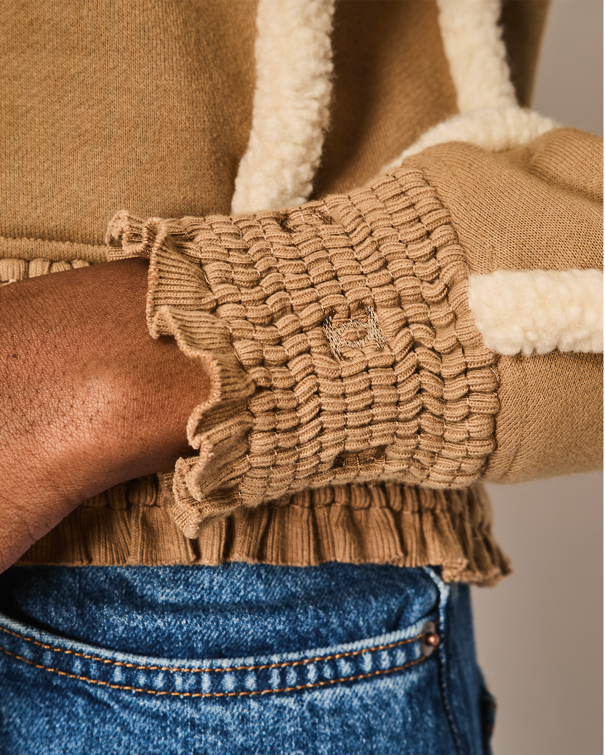 Chanel 24K Beige Cotton With CC Logo Shearling Details Jumper With Rushed CC Trim Details Size FR 36 (UK 8)