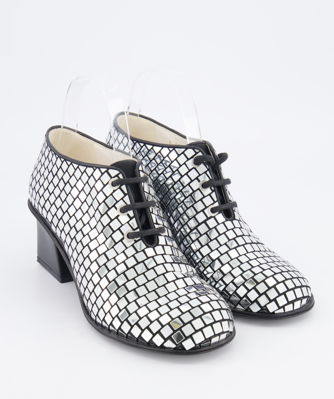 Chanel Resort 2024 Runway Silver Mirror Facets Lace-Up Heeled Boots with Gold CC Logo Detail Size EU 38C RRP £1,900