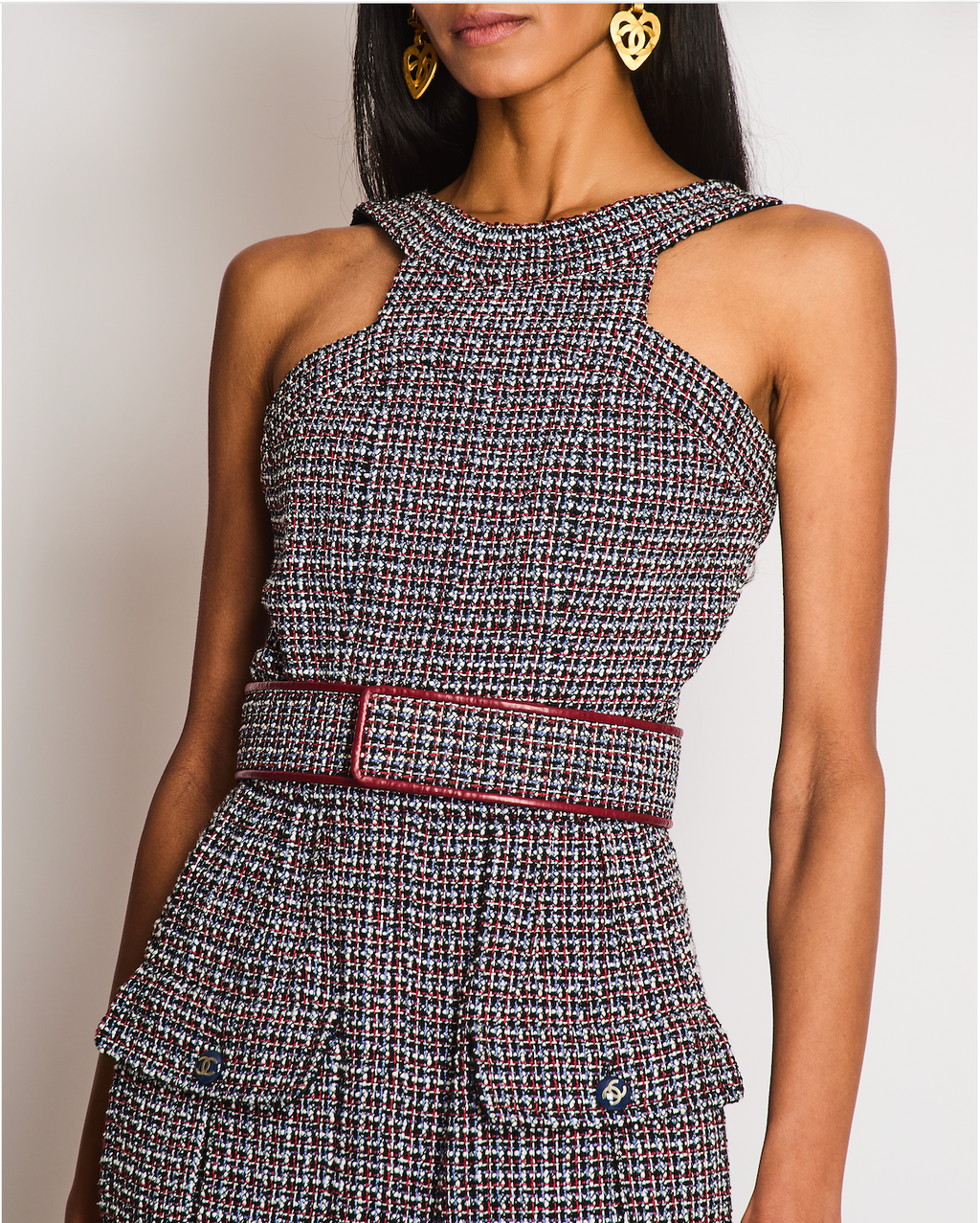 Chanel SS15 Black, Red, Blue and White Tweed Set With Cropped Jacket and Dress With Matching Belt and CC Logo Buttons Details Size FR 36/38 (UK 8/10)