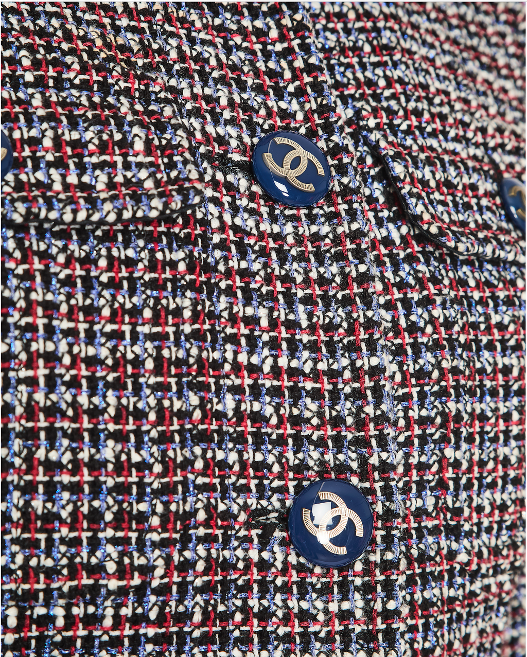 Chanel SS15 Black, Red, Blue and White Tweed Set With Cropped Jacket and Dress With Matching Belt and CC Logo Buttons Details Size FR 36/38 (UK 8/10)