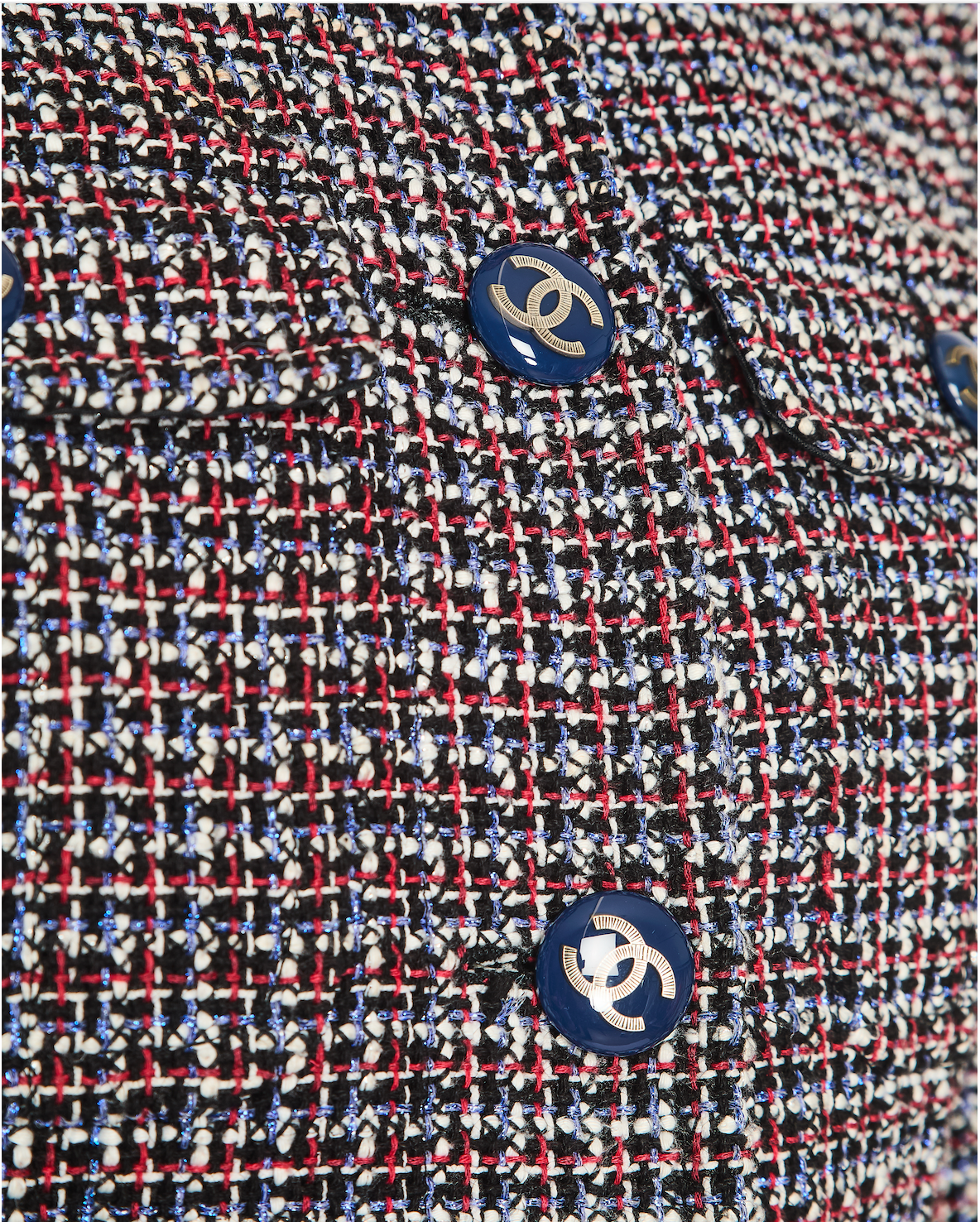 Chanel SS15 Black, Red, Blue and White Tweed Set With Cropped Jacket and Dress With Matching Belt and CC Logo Buttons Details Size FR 36/38 (UK 8/10)