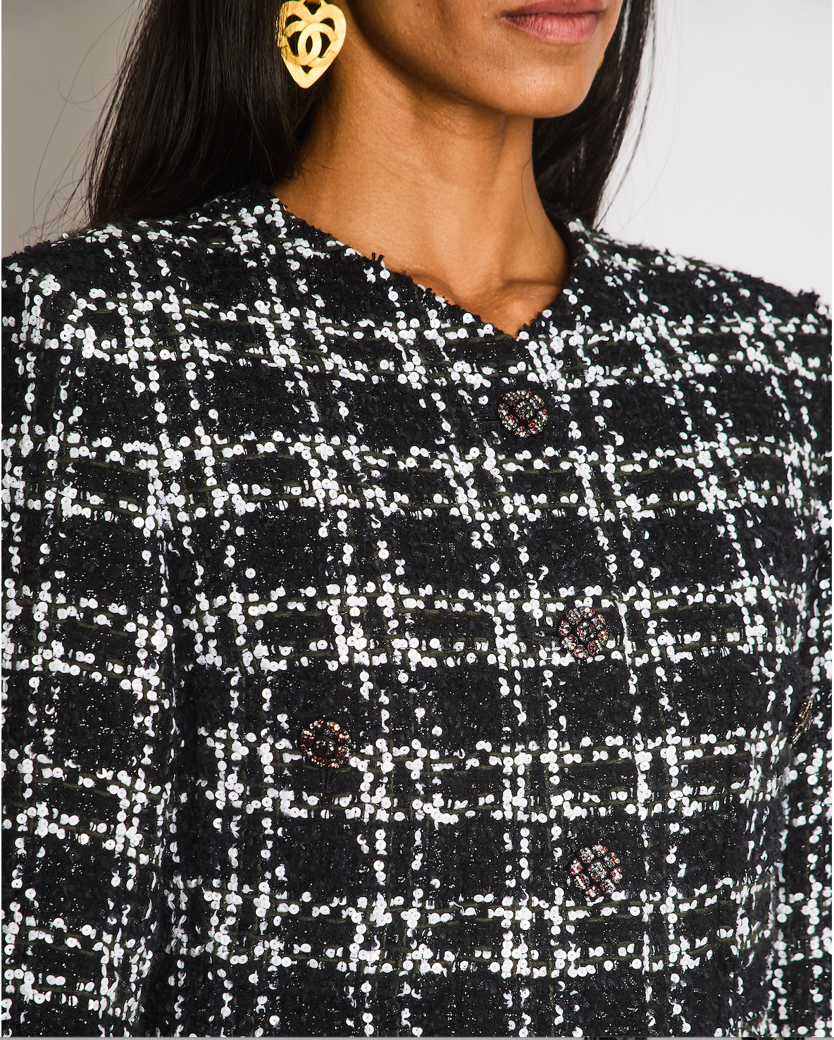 Chanel FW22 Black and White Checkered Tweed Jacket With White Sequins Details Size FR 34 (UK 6)