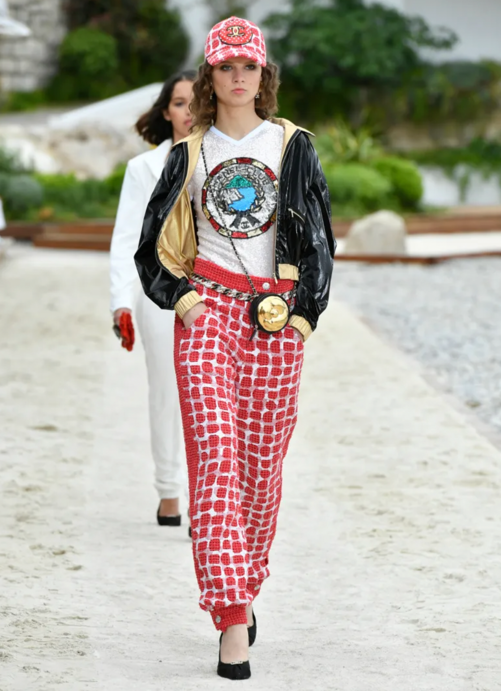 Chanel Cruise 2023 Black Shiny Bomber Jacket with Gold Trims and Zippers with Red and Gold CC Logo Button Size FR 38 (UK 10)