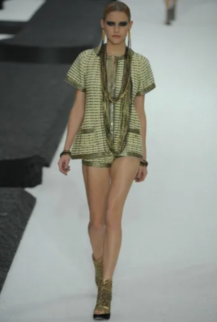 Chanel SS 2011 Yellow and Black Cashmere Knitted Cardigan and Micro Shorts Set with Crystal Embellished Trims and Gold CC Logo Detail with Pearls Size FR 36 (UK 8)