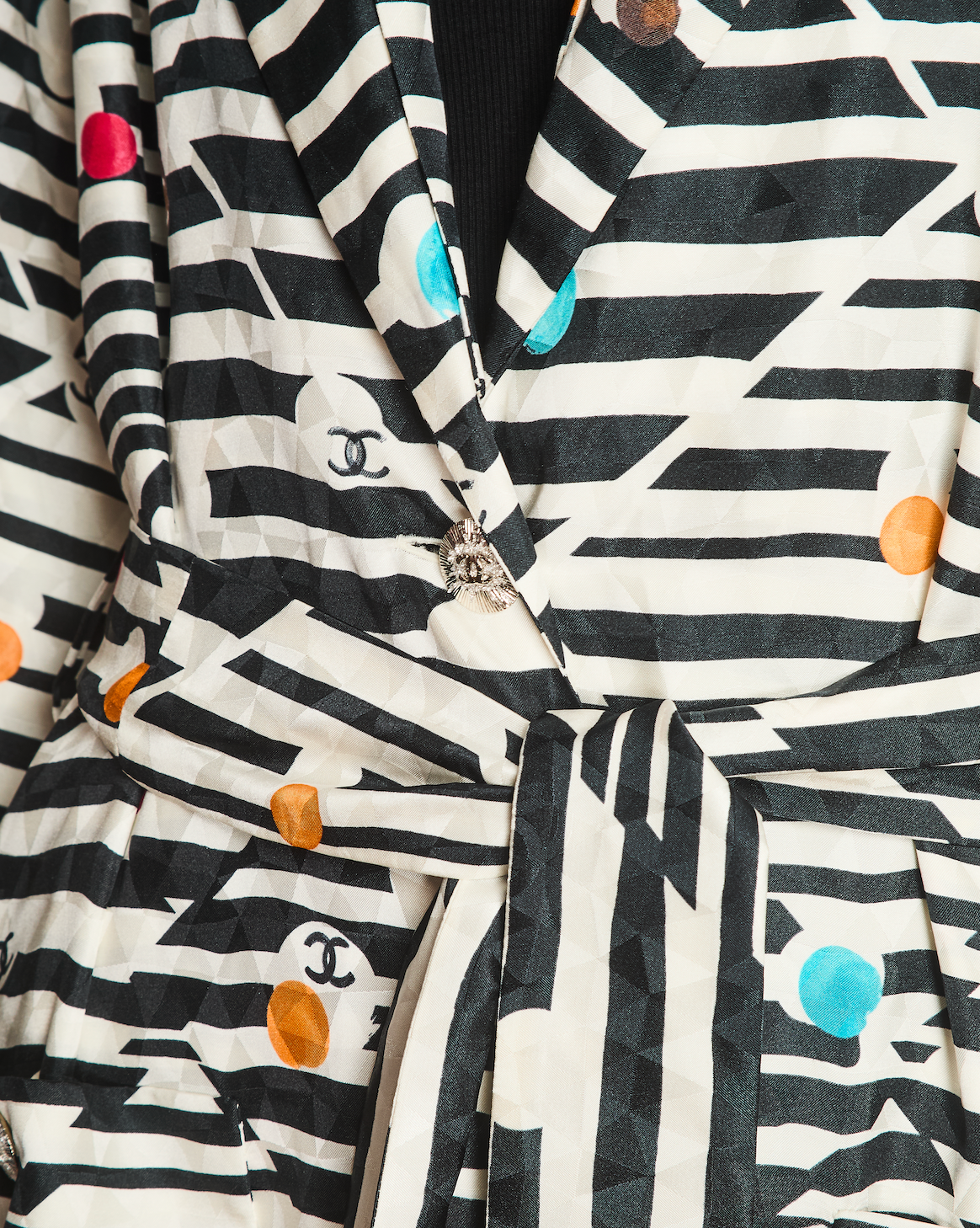 Chanel 24/SS Black And Cream Striped Silk Coat With Multicolour CC Round Logo and CC Button Details  Size FR 34 (UK 6)