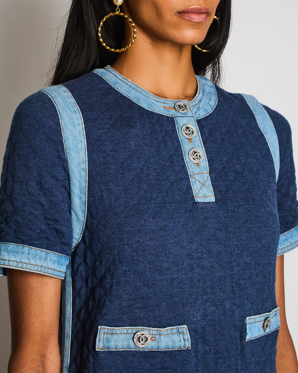 Chanel 20/P Blue Quilted Short Sleeve Midi Dress with Denim Trim Detail Size FR 36 (UK 8)