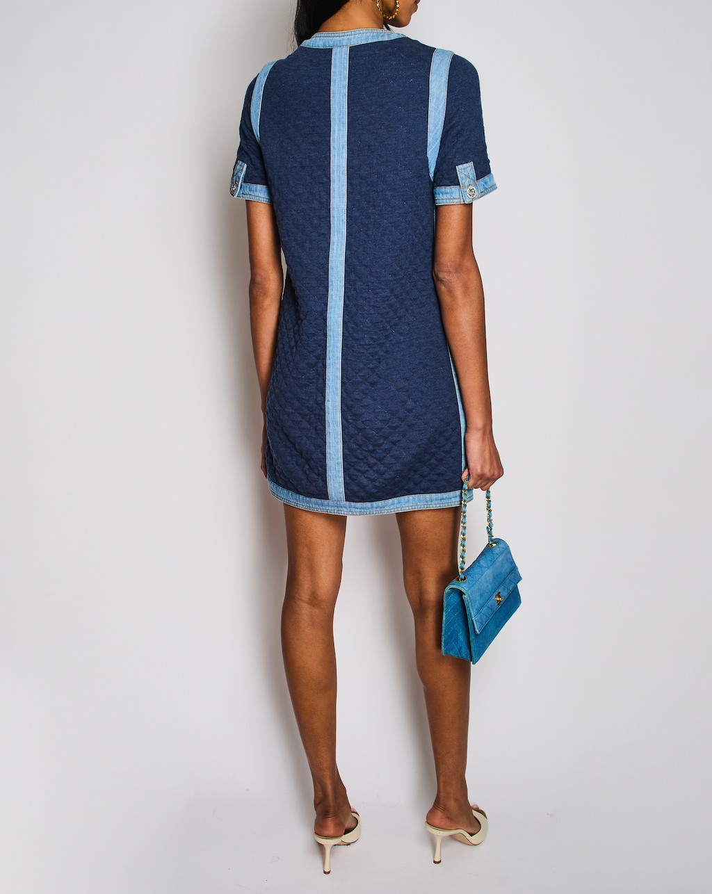 Chanel 20/P Blue Quilted Short Sleeve Midi Dress with Denim Trim Detail Size FR 36 (UK 8)