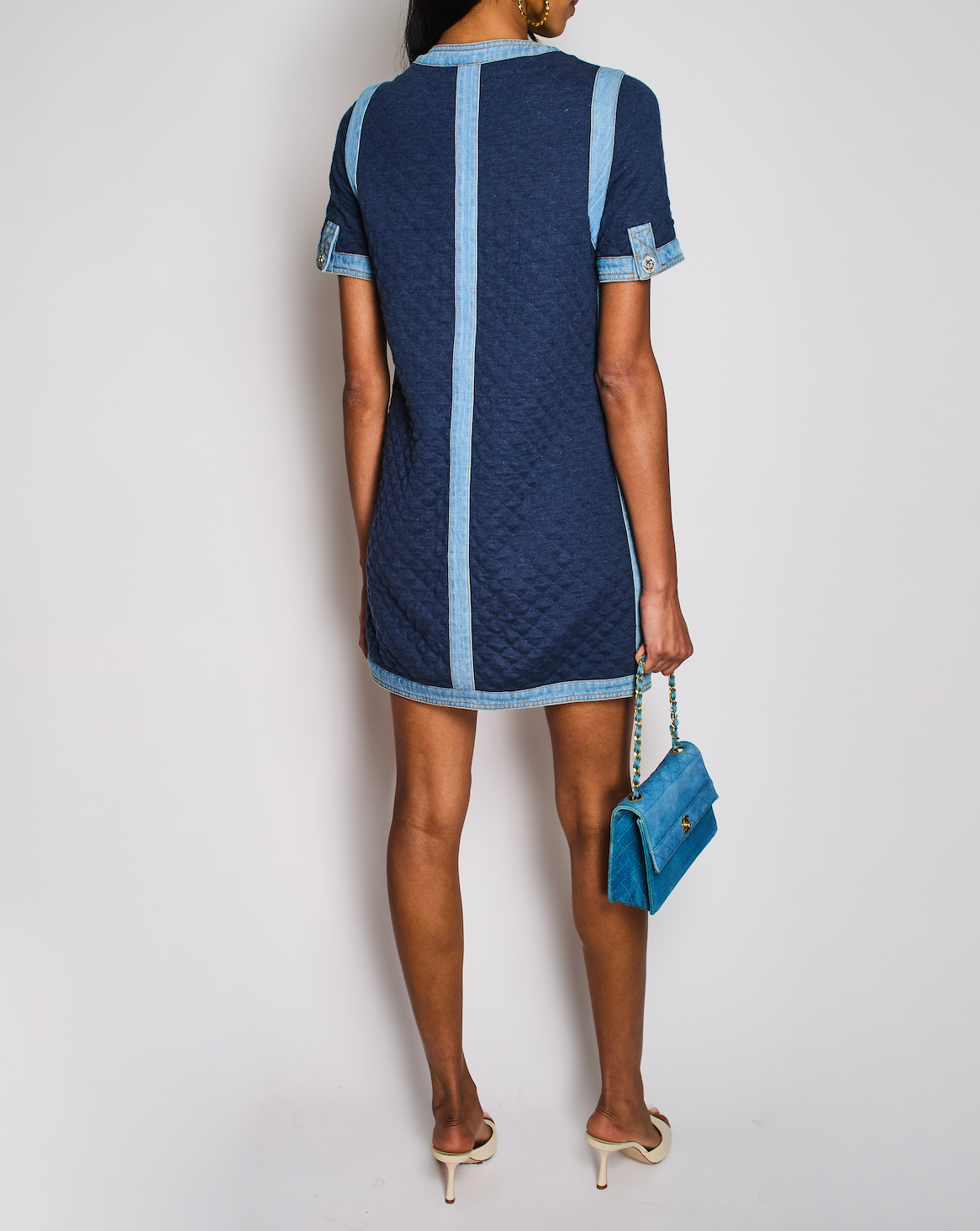 Chanel 20/P Blue Quilted Short Sleeve Midi Dress with Denim Trim Detail Size FR 36 (UK 8)