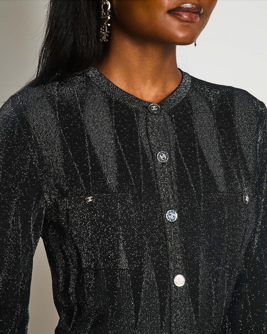 Chanel 21/K Black Long Sleeve Button Down Glitter Maxi Dress Size FR 40 (UK 12)
