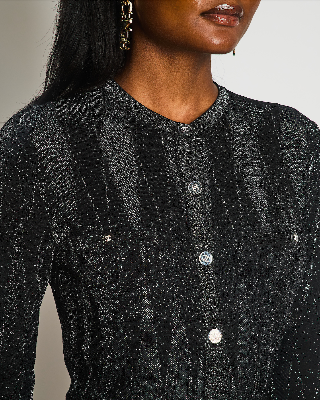 Chanel 21/K Black Long Sleeve Button Down Glitter Maxi Dress Size FR 40 (UK 12)