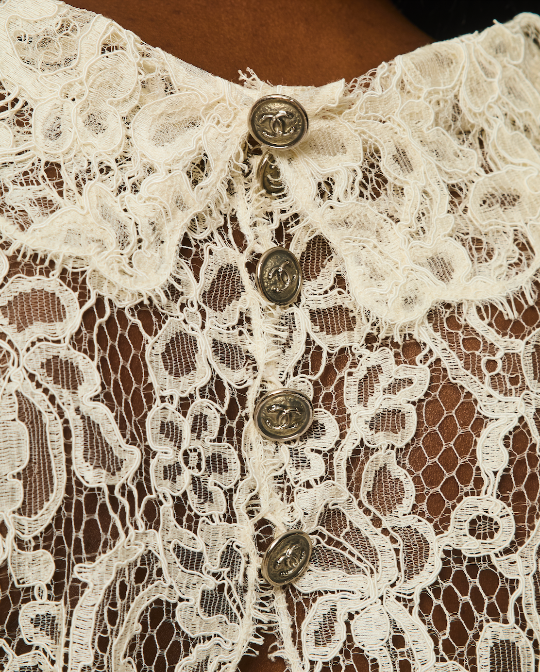 Chanel Ivory Short Sleeve Tiered Lace Midi Dress with Ribbed Waist Detail Size FR 38 (UK 10)