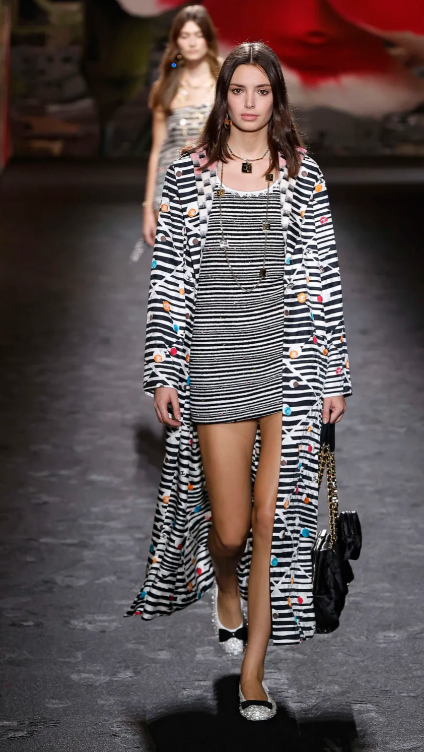 Chanel 24/SS Black And Cream Striped Silk Coat With Multicolour CC Round Logo and CC Button Details  Size FR 34 (UK 6)