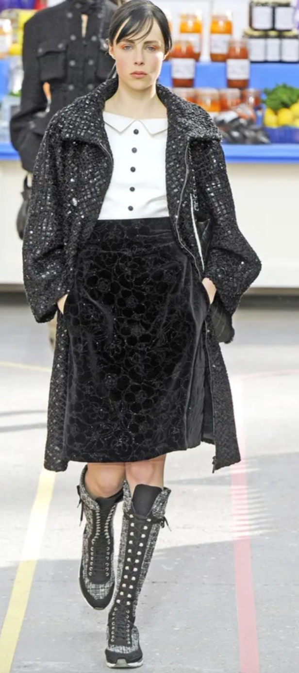 Chanel Fall 2014 Black Tweed and Sequin Knee Length Jacket with Collar and Camellia Detail Buttons and Cream Silk Panels Size FR 36 (UK 8)