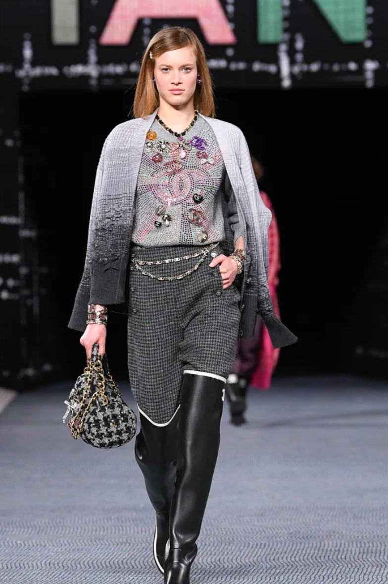 Chanel 22AGrey Cashmere Knitted Jumper with Multi-Colour Crystal Embellished CC Logo Size FR 38 (UK 10)