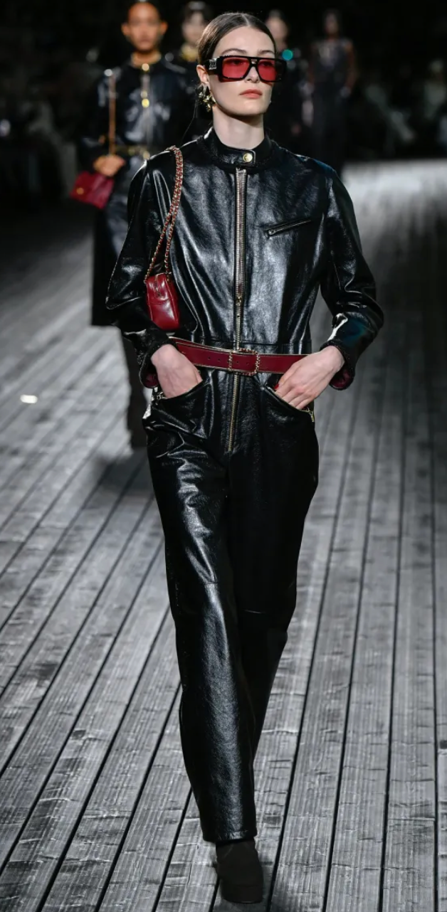 Chanel Pre-Fall 2022  Black Leather Jumpsuit with Gold CC Button and Tweed and Chain Trim Detail Size FR 38 (UK 10)