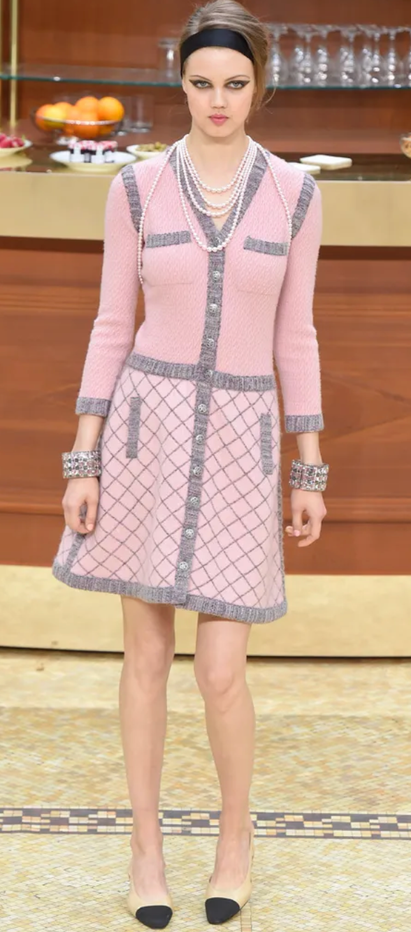 Chanel 15/A Pink Long Sleeve Knitted Dress with Pockets and Navy Blue Stripes and Camellia Logo Buttons Detailing Size FR 40 (UK 12)