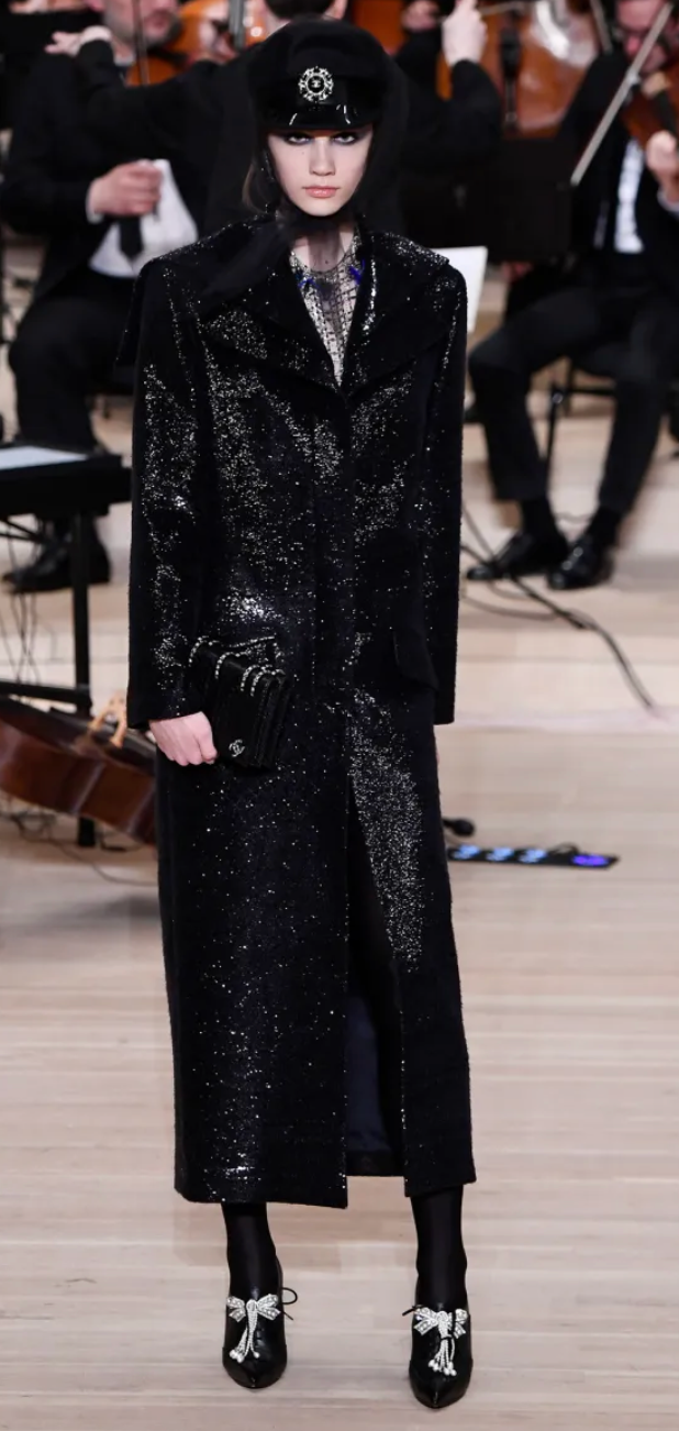 Chanel 2018 Metiers d'Art Black Sequin Maxi Pea Coat with Logo Detail Ruthenium Buttons Size FR 34 (UK 6)