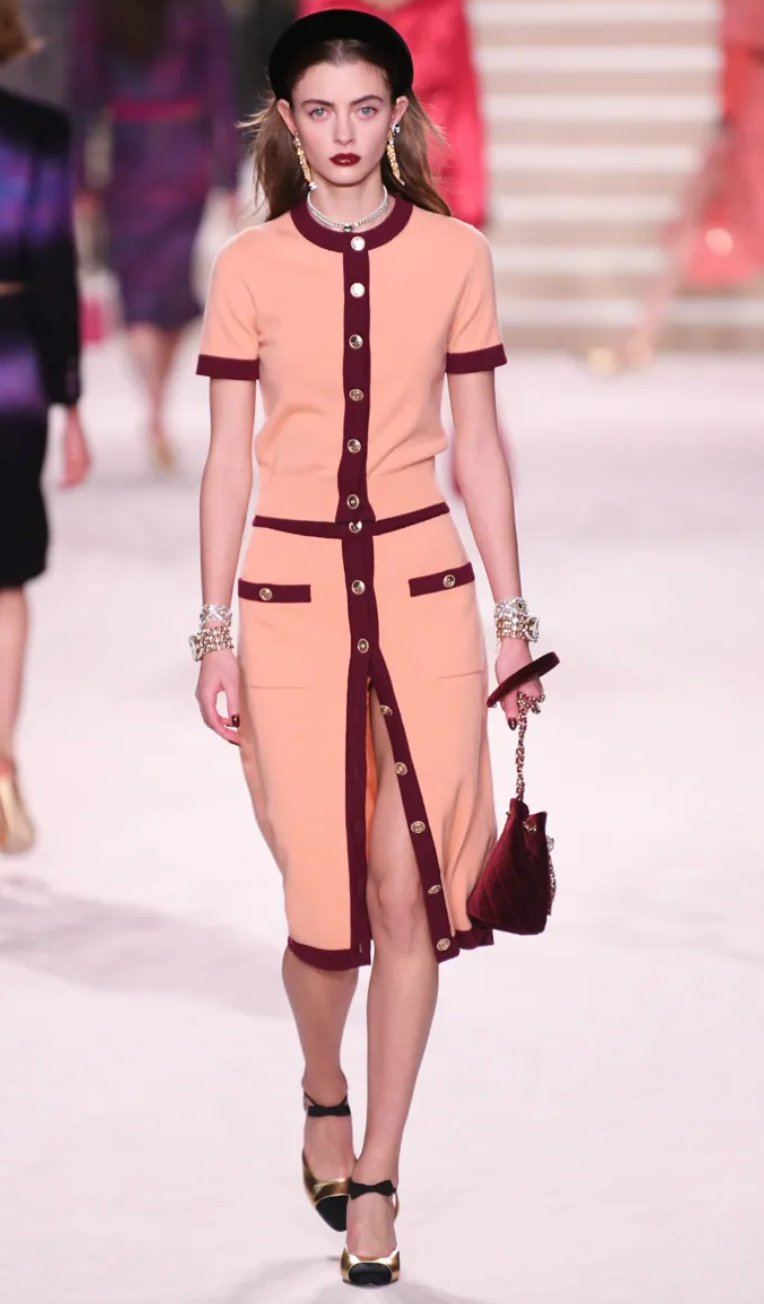 Chanel 2020 Metiers des Arts  Peach A-Line Midi Skirt with CC Button Detail Size FR 40 (UK 12)