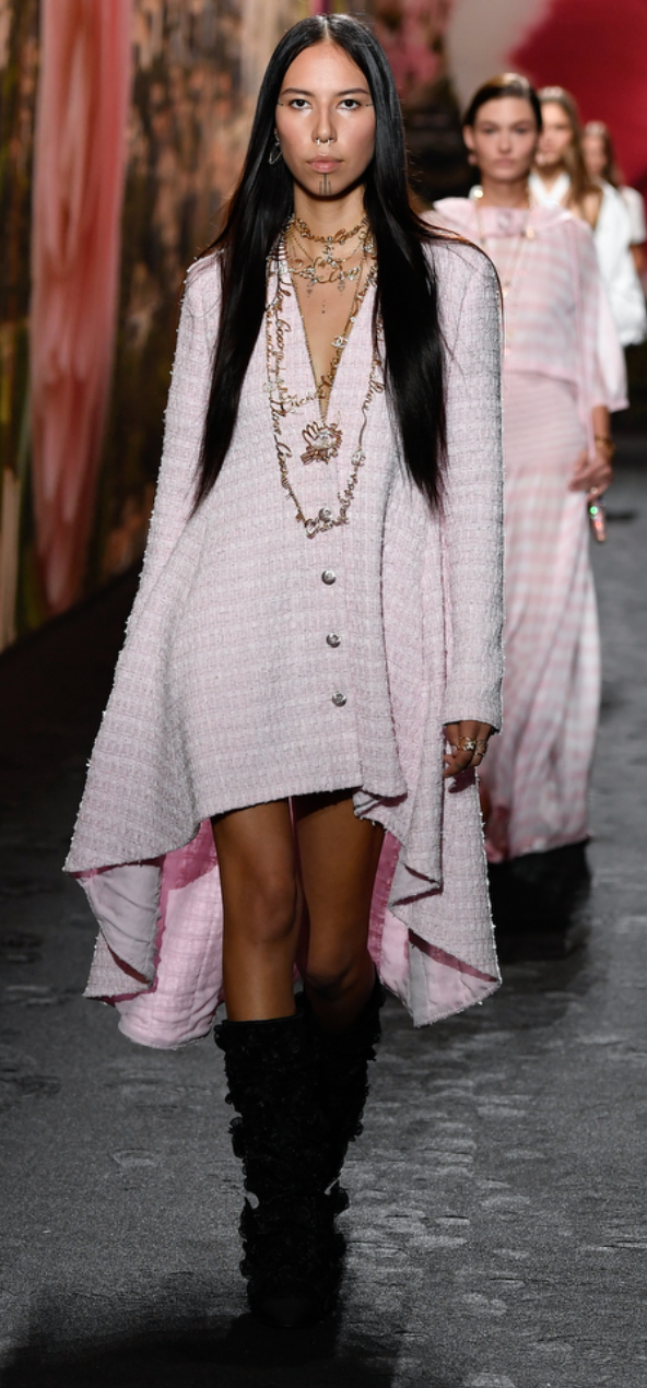 Chanel 24/S Pink Tweed Long Sleeve A-Line Asymmetric Mini Dress with Silver and Pink Logo Button Details Detail FR 34 (UK 6)