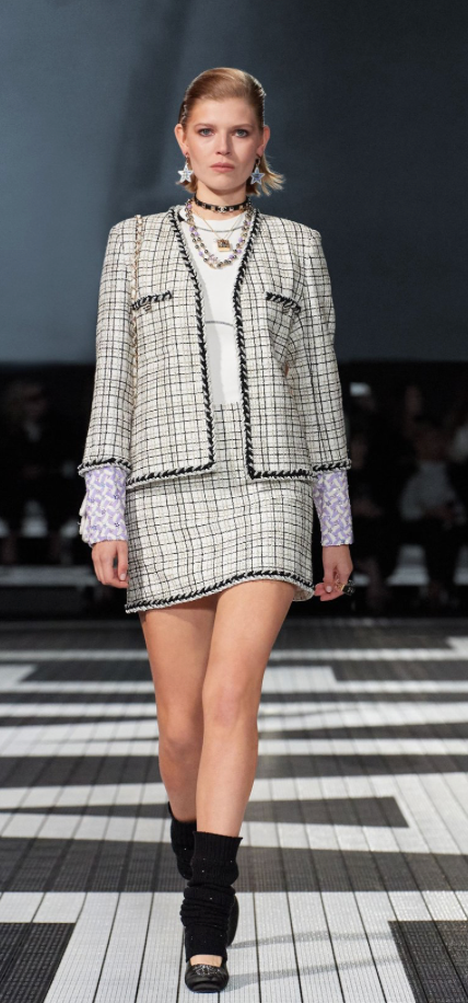 Chanel 24/C White, Black, Gold Check Tweed Jacket with Silver Black Trim Detail CC Button Size FR 36 (UK 8)