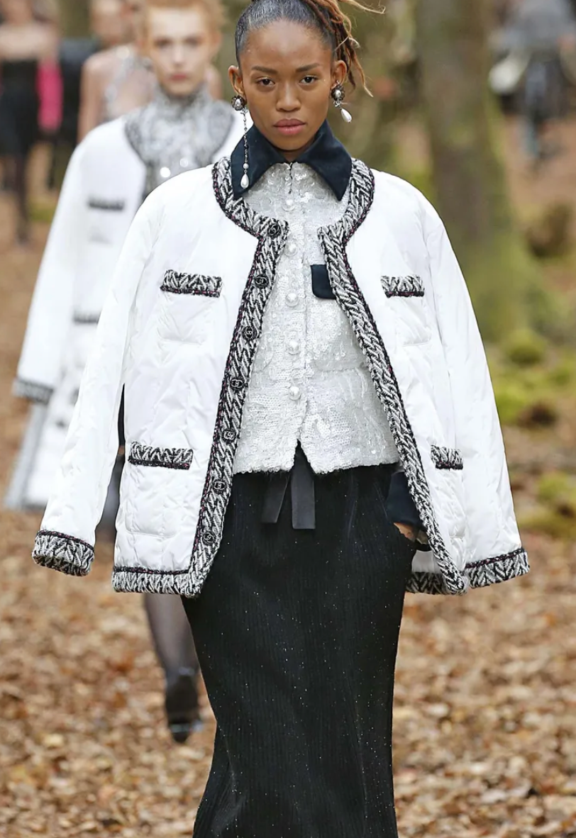 Chanel Fall Winter 2018 White Puffer Coat with Black and White Tweed Trims with Metallic Pink Details and Silver and Black CC Logo Buttons Size FR 38 (UK 10)