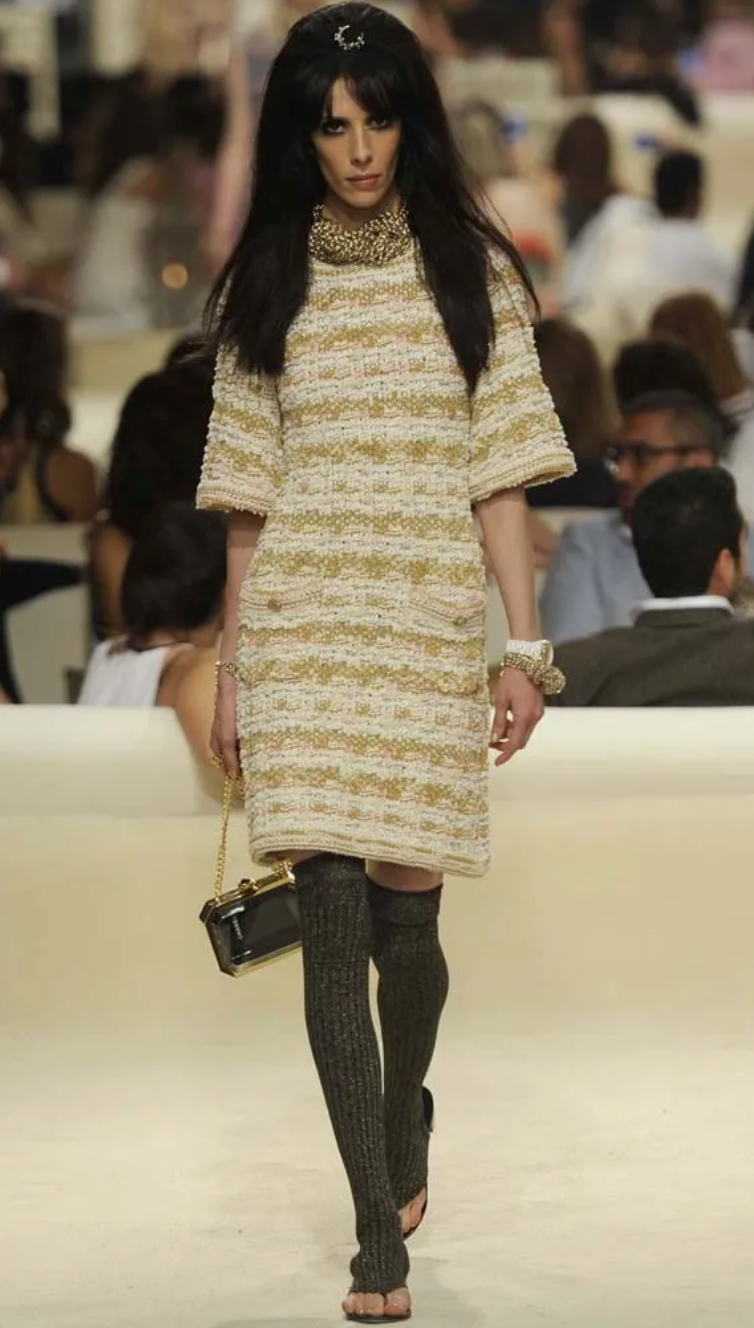 Chanel 15C Ivory, Cream & Pink Tweed Dress with 3/4 Sleeves & Crystal Camellia Buttons Detail Set Size FR 34 (UK 6)