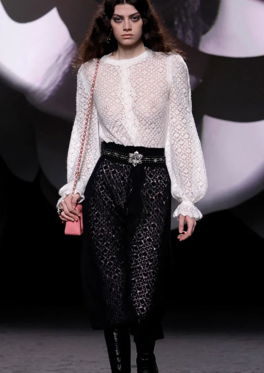 Chanel Black and Cream 23/B Crochet Knitted Long Sleeve Midi Dress Size FR 36 (UK 8)