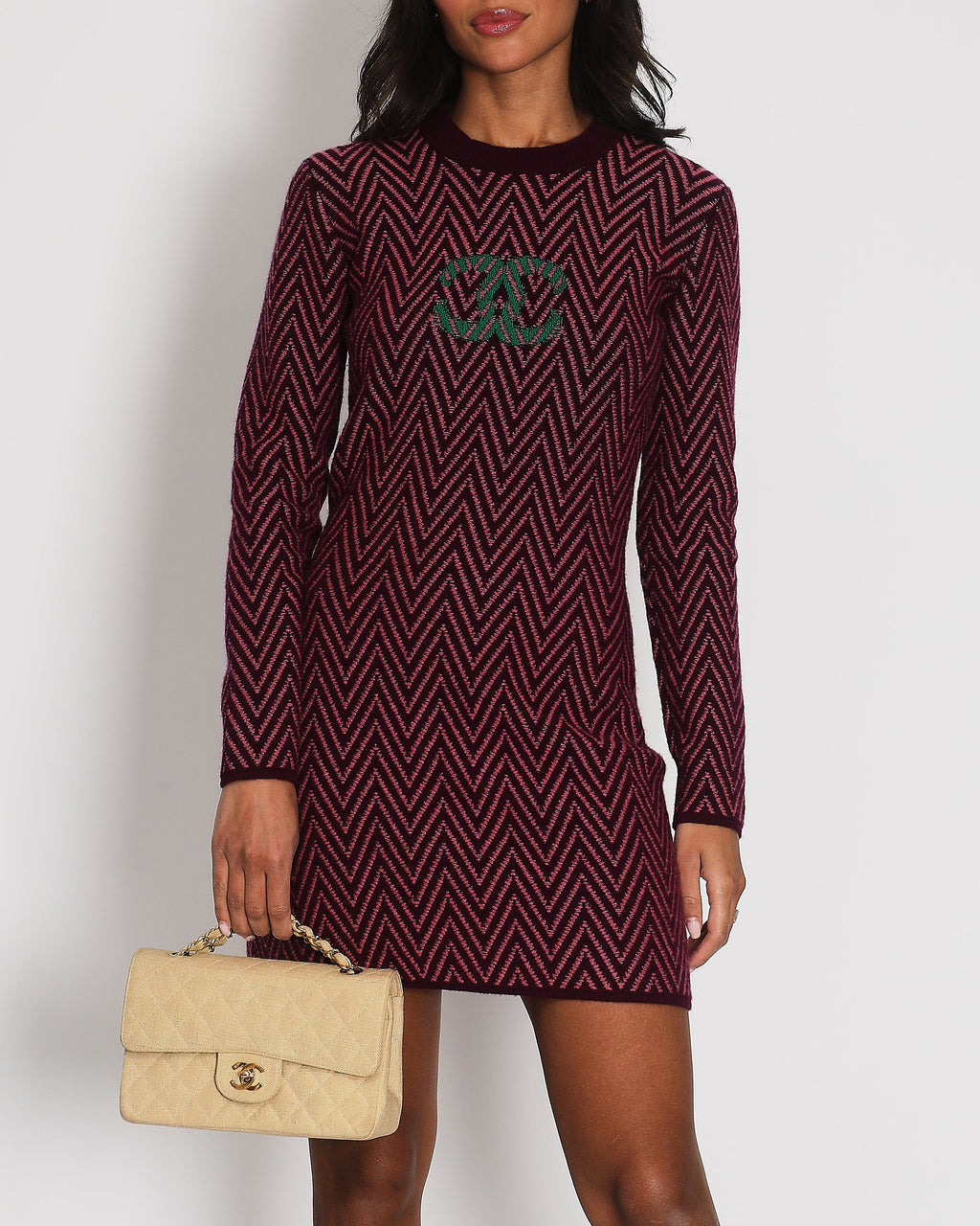 Chanel FW/21 Purple, Green Zig Zag Cashmere Dress with CC Logo Size FR 36 (UK 8)