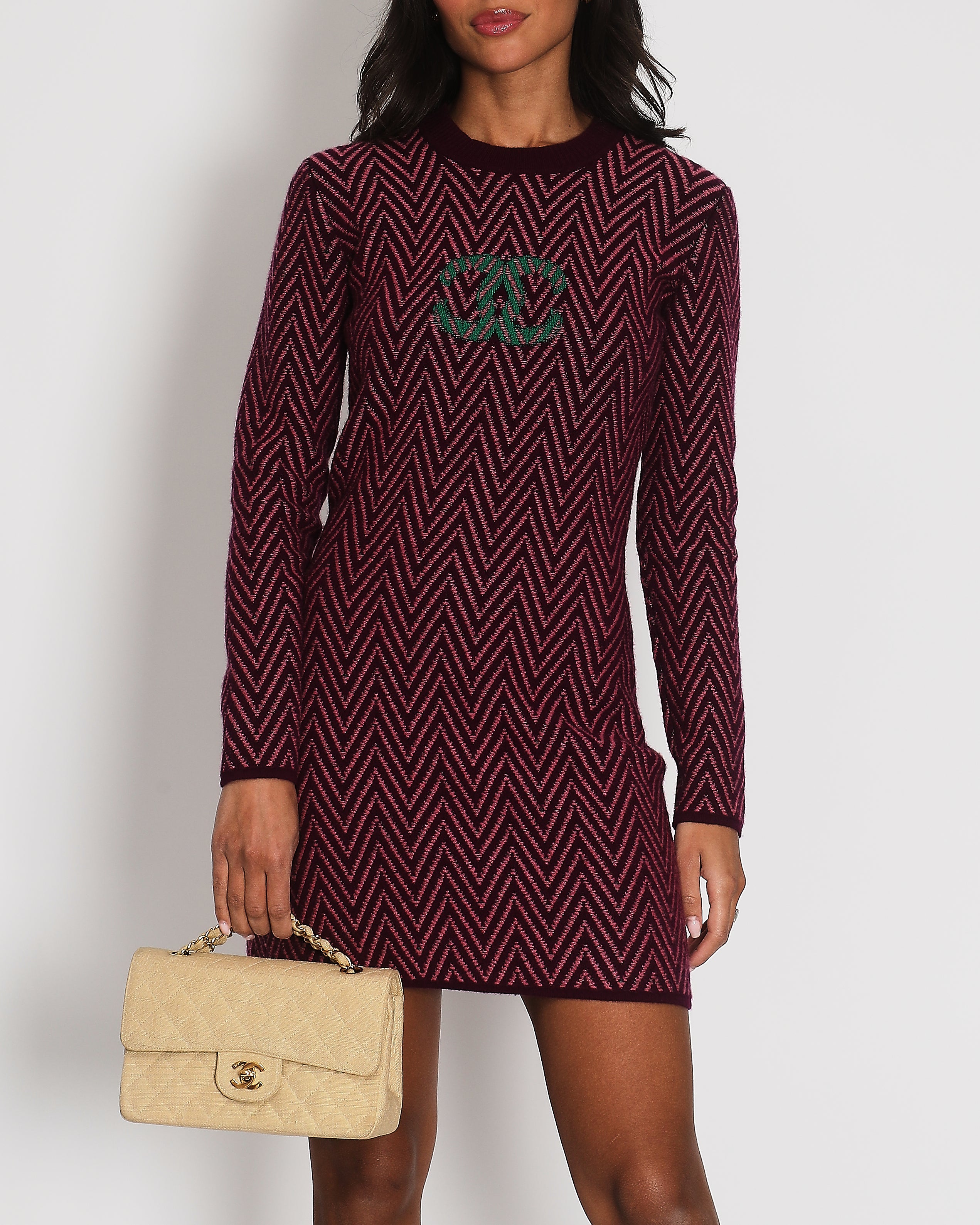 Chanel FW/21 Purple, Green Zig Zag Cashmere Dress with CC Logo Size FR 36 (UK 8)