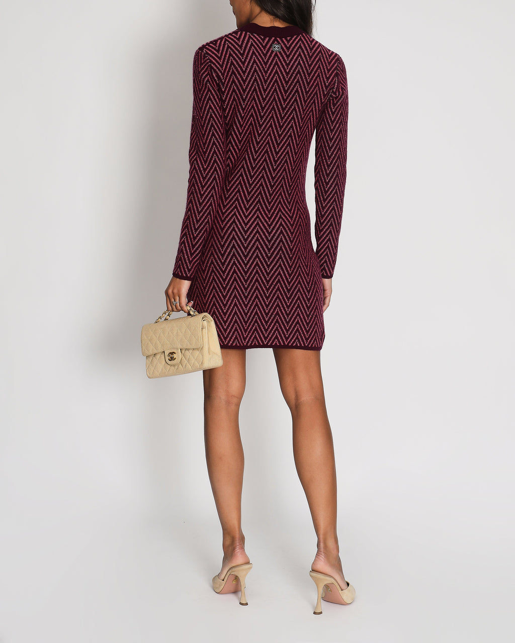 Chanel FW/21 Purple, Green Zig Zag Cashmere Dress with CC Logo Size FR 36 (UK 8)