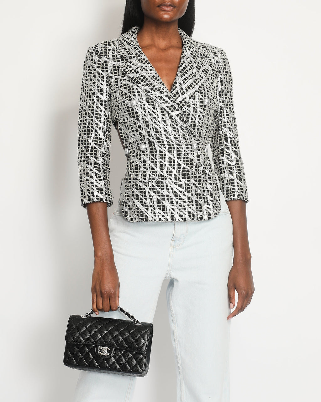 Chanel Spring 2012 Black & White Checked Tweed Backless Jacket with Silver Screen Print and Pearl Belt at the Back Size FR 34 (UK 4)