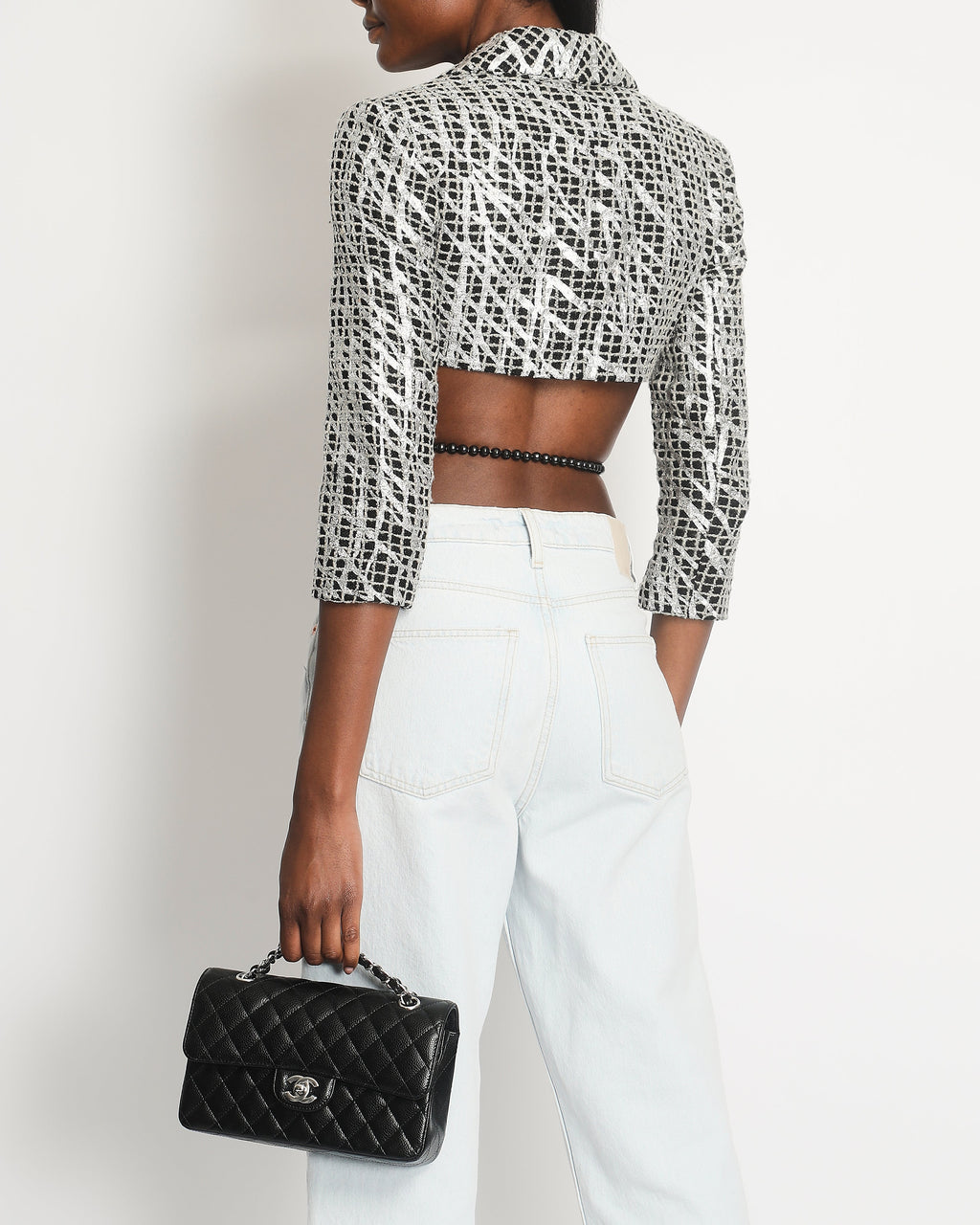 Chanel Spring 2012 Black & White Checked Tweed Backless Jacket with Silver Screen Print and Pearl Belt at the Back Size FR 34 (UK 4)