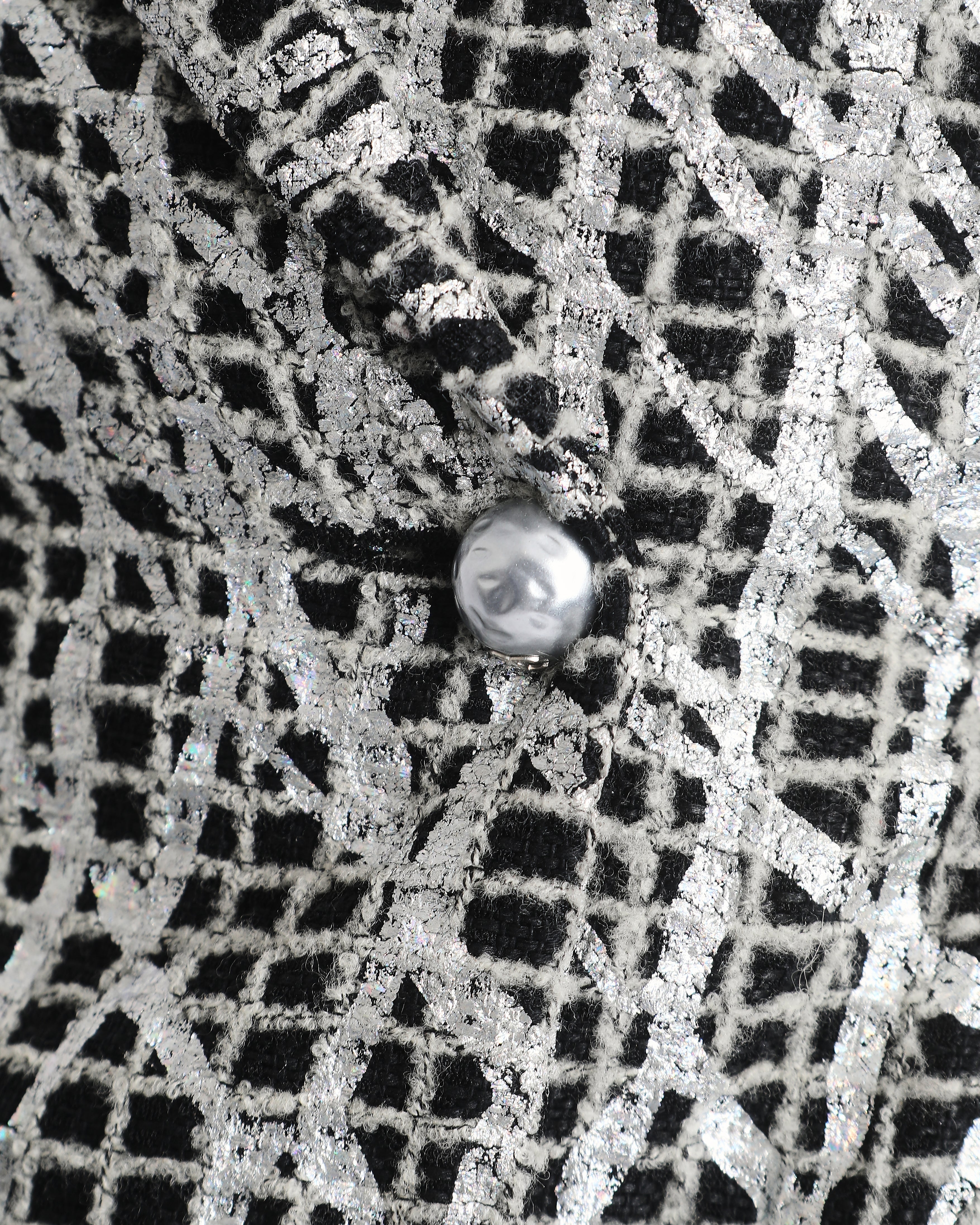 Chanel Spring 2012 Black & White Checked Tweed Backless Jacket with Silver Screen Print and Pearl Belt at the Back Size FR 34 (UK 4)