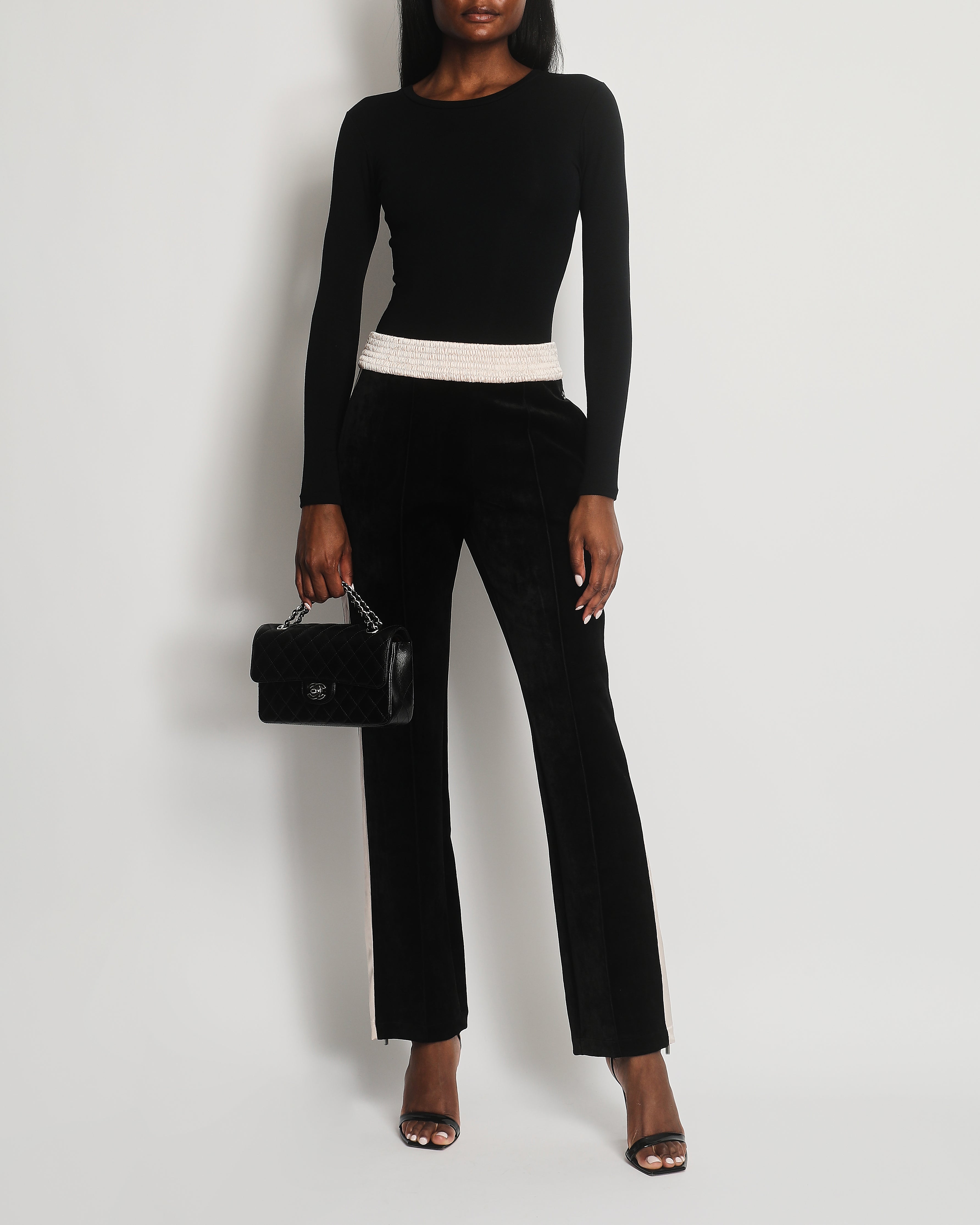 Chanel Black Velvet & Cream Satin Tracksuit Trousers with Elasticated Waist, Logo & Zips Detail Size FR 38 (UK 10)