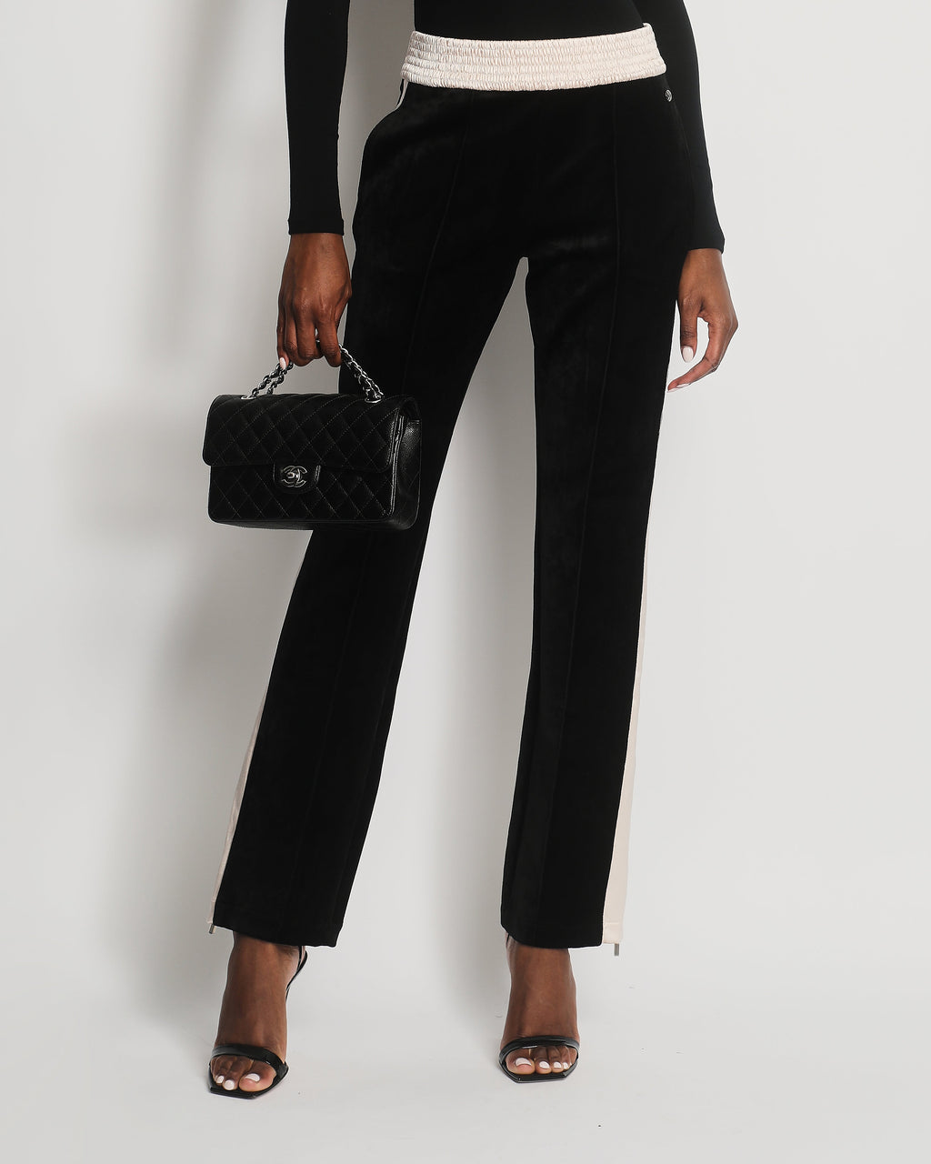 Chanel Black Velvet & Cream Satin Tracksuit Trousers with Elasticated Waist, Logo & Zips Detail Size FR 38 (UK 10)