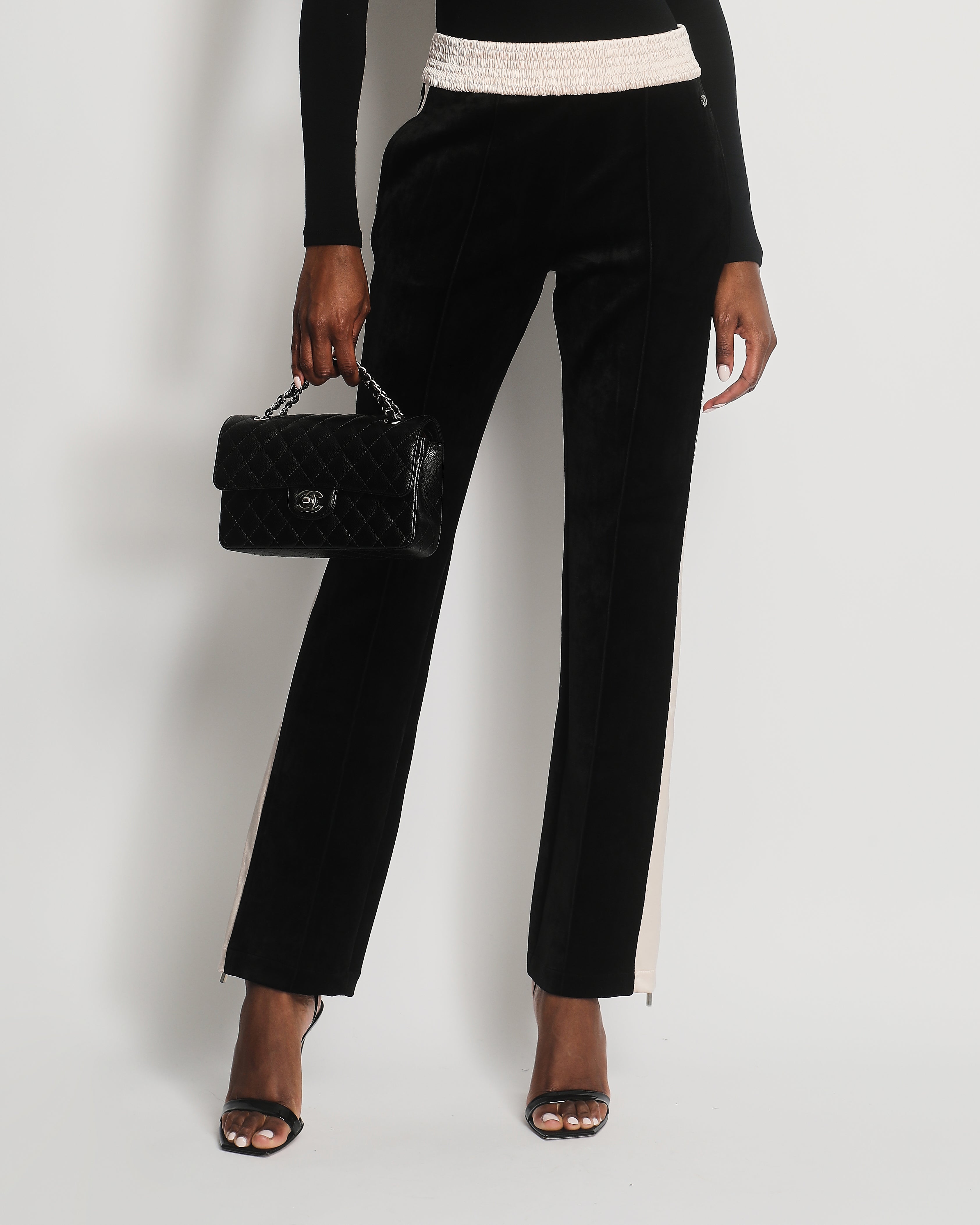 Chanel Black Velvet & Cream Satin Tracksuit Trousers with Elasticated Waist, Logo & Zips Detail Size FR 38 (UK 10)