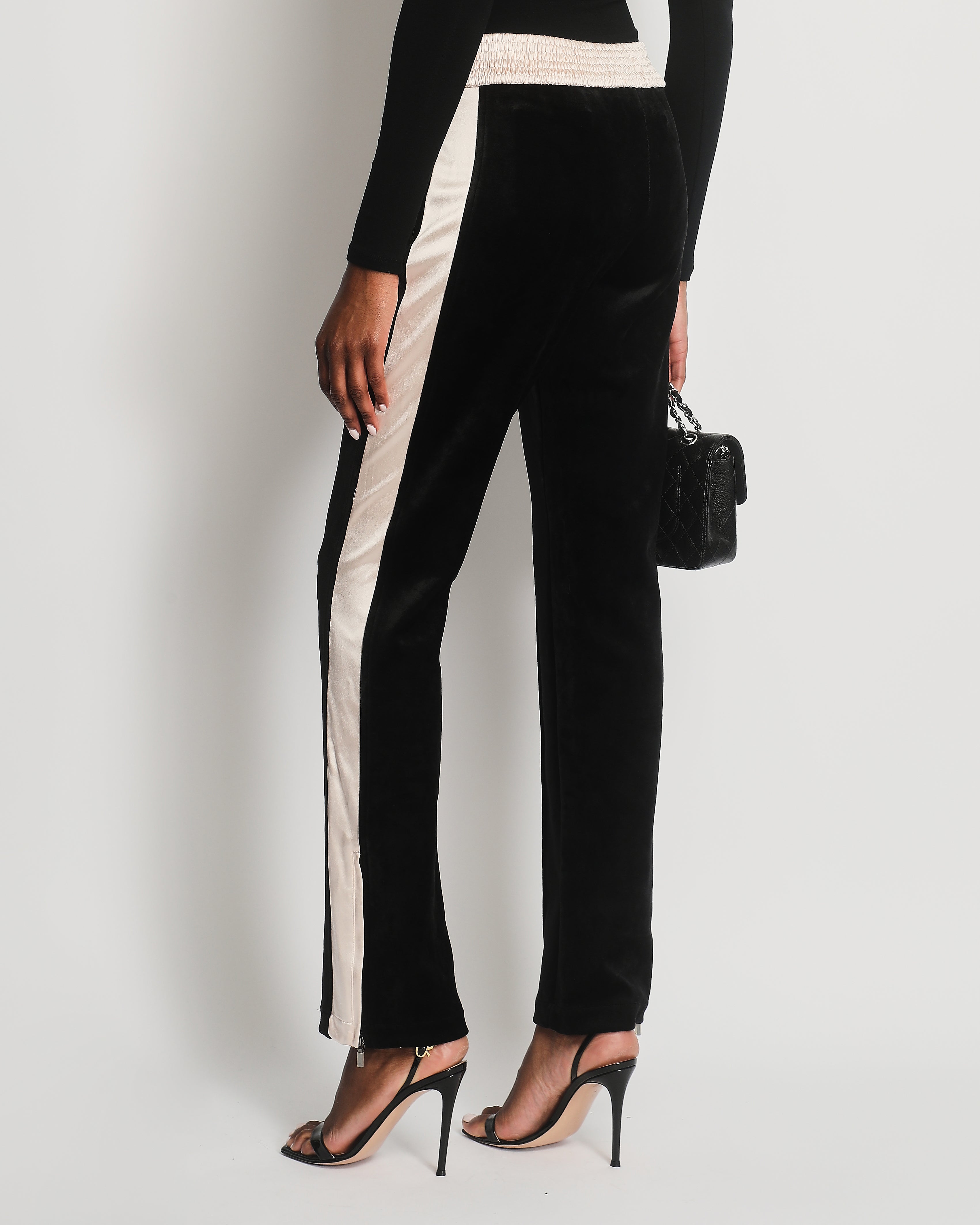 Chanel Black Velvet & Cream Satin Tracksuit Trousers with Elasticated Waist, Logo & Zips Detail Size FR 38 (UK 10)