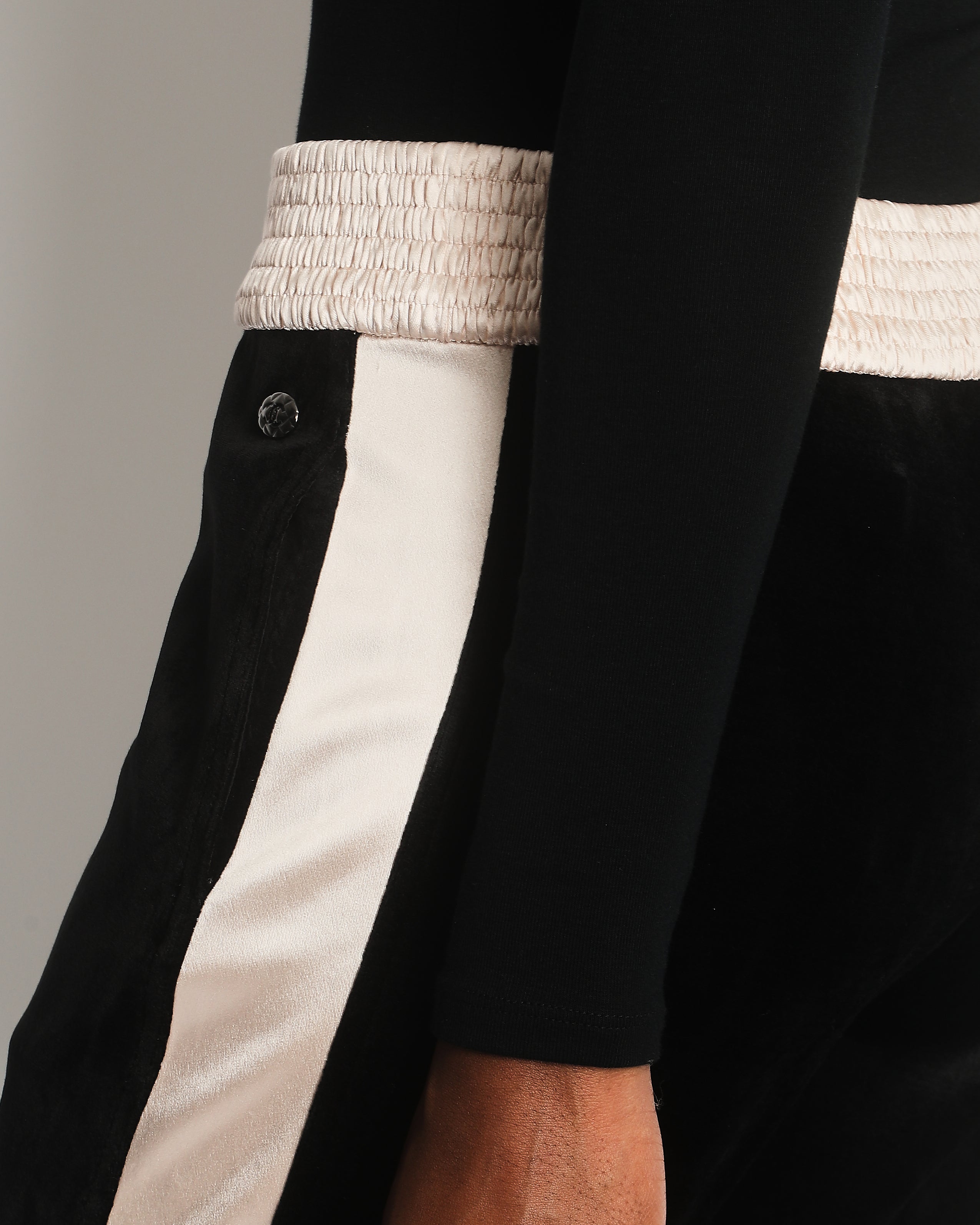 Chanel Black Velvet & Cream Satin Tracksuit Trousers with Elasticated Waist, Logo & Zips Detail Size FR 38 (UK 10)