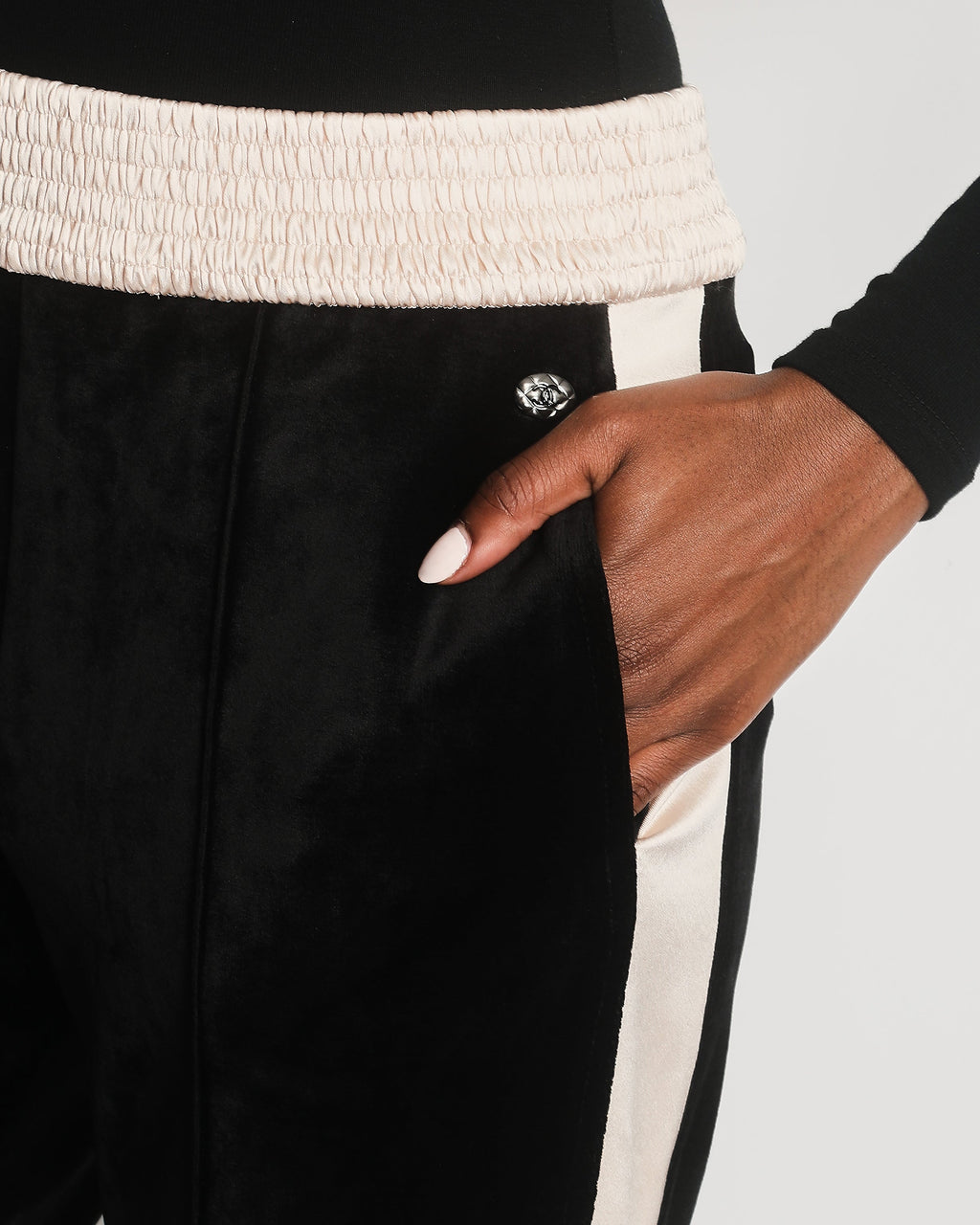 Chanel Black Velvet & Cream Satin Tracksuit Trousers with Elasticated Waist, Logo & Zips Detail Size FR 38 (UK 10)