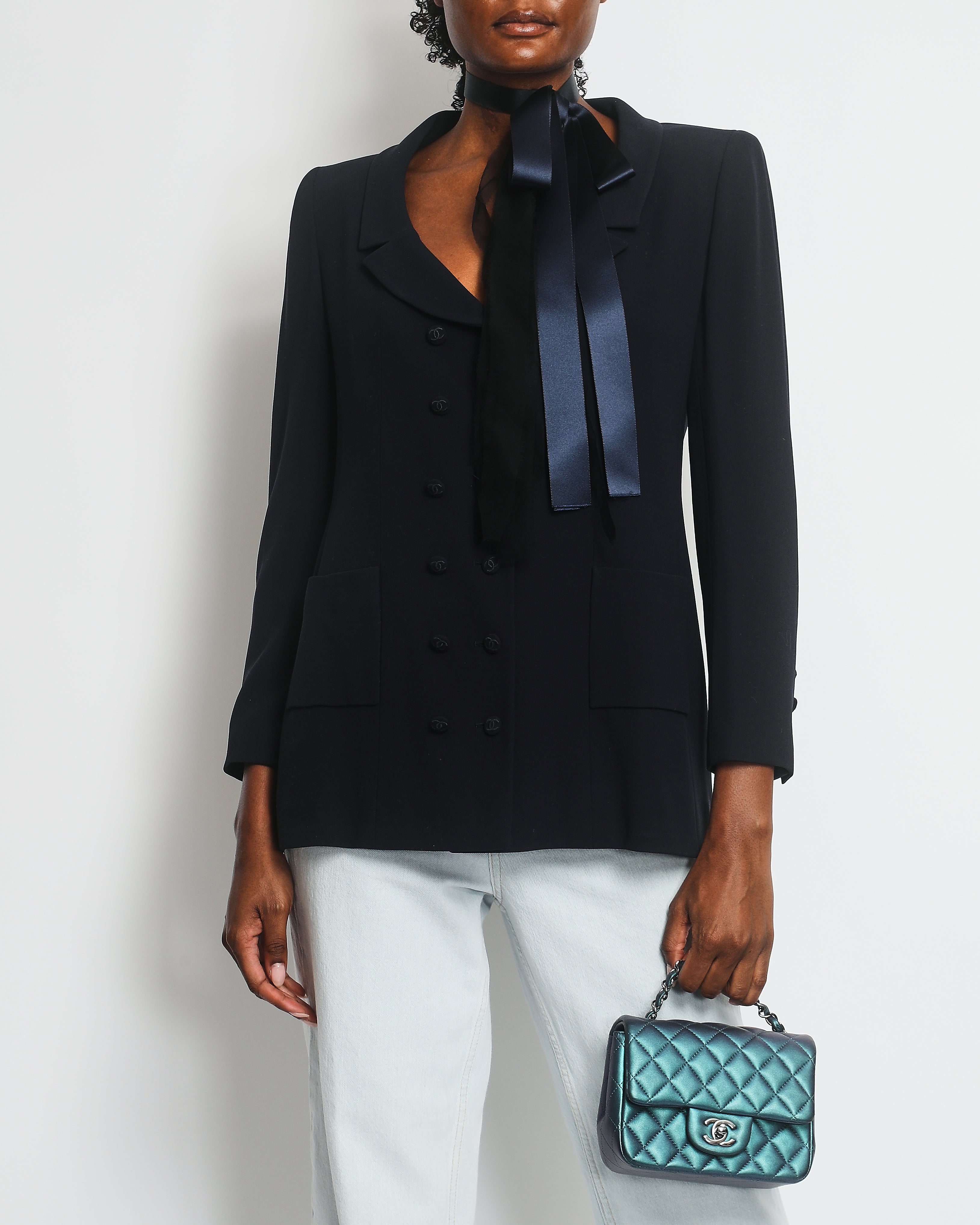 Chanel 98/P Vintage Navy Jacket with CC Logo Button Detail and Silk Bow Detail Size FR 38 (UK 10)