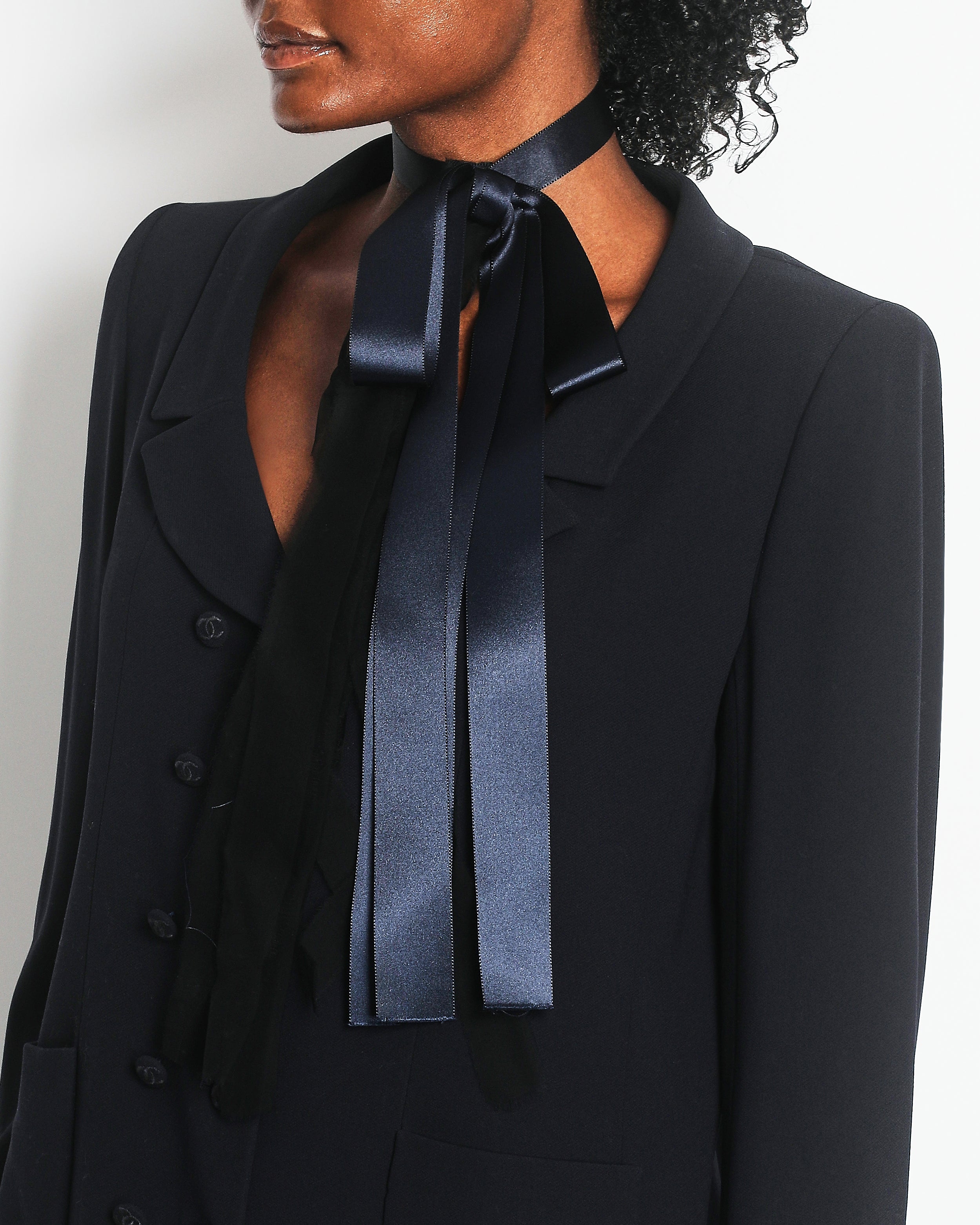 Chanel 98/P Vintage Navy Jacket with CC Logo Button Detail and Silk Bow Detail Size FR 38 (UK 10)