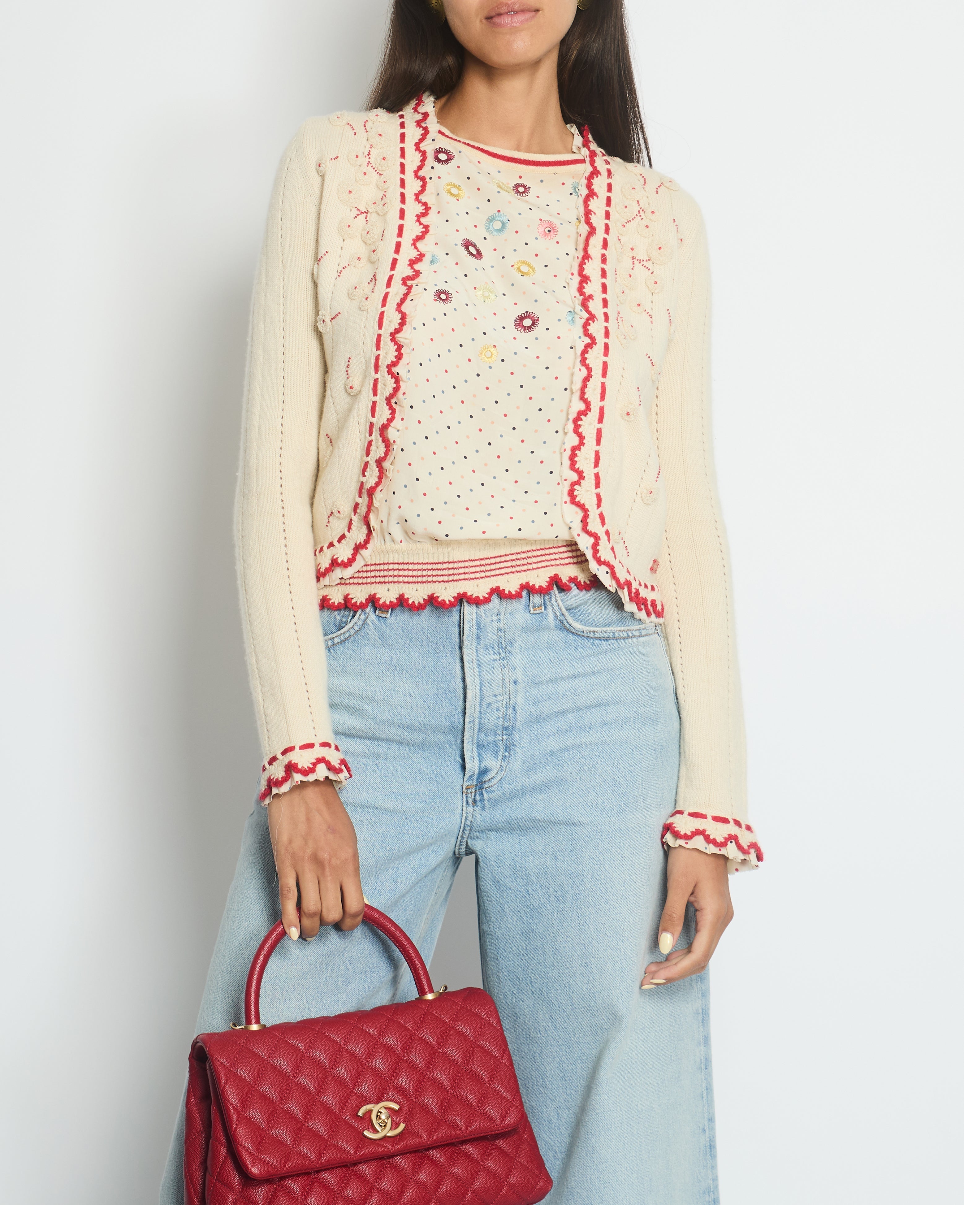 Chanel 05/C Ivory Red Cardigan FR 38 (UK 10)