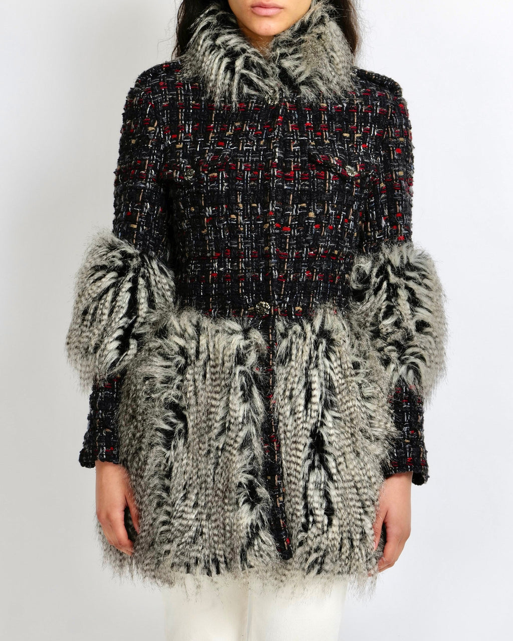 Chanel Fall 2010 Runway Black Tweed Coat with Grey Faux Fur Details and Silver Gold Aged CC Logo Buttons Size FR 42 (UK 14)