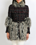 Chanel Fall 2010 Runway Black Tweed Coat with Grey Faux Fur Details and Silver Gold Aged CC Logo Buttons Size FR 42 (UK 14)