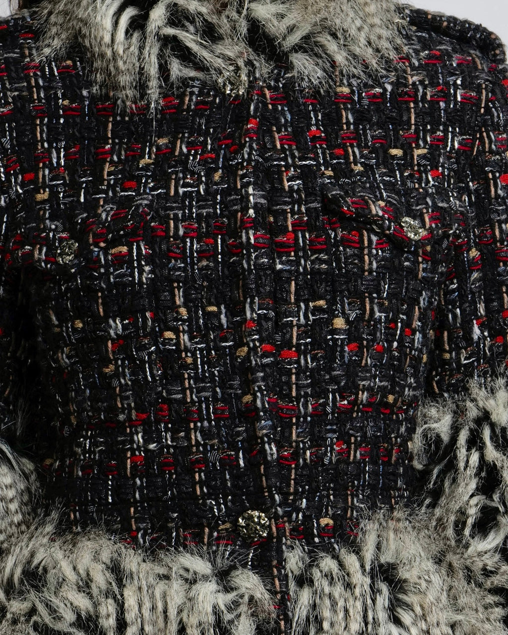 Chanel Fall 2010 Runway Black Tweed Coat with Grey Faux Fur Details and Silver Gold Aged CC Logo Buttons Size FR 42 (UK 14)
