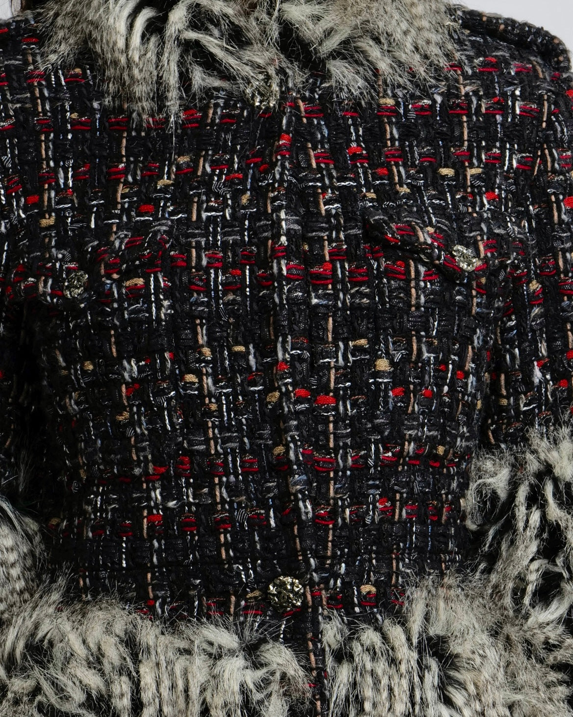 Chanel Fall 2010 Runway Black Tweed Coat with Grey Faux Fur Details and Silver Gold Aged CC Logo Buttons Size FR 42 (UK 14)