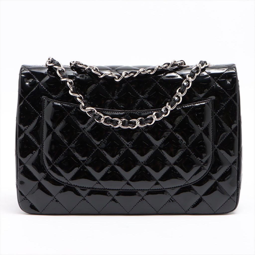 SALE Chanel Classic Single Flap Jumbo Black Patent Leather Silver