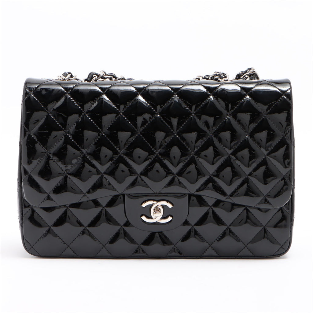 SALE Chanel Classic Single Flap Jumbo Black Patent Leather Silver
