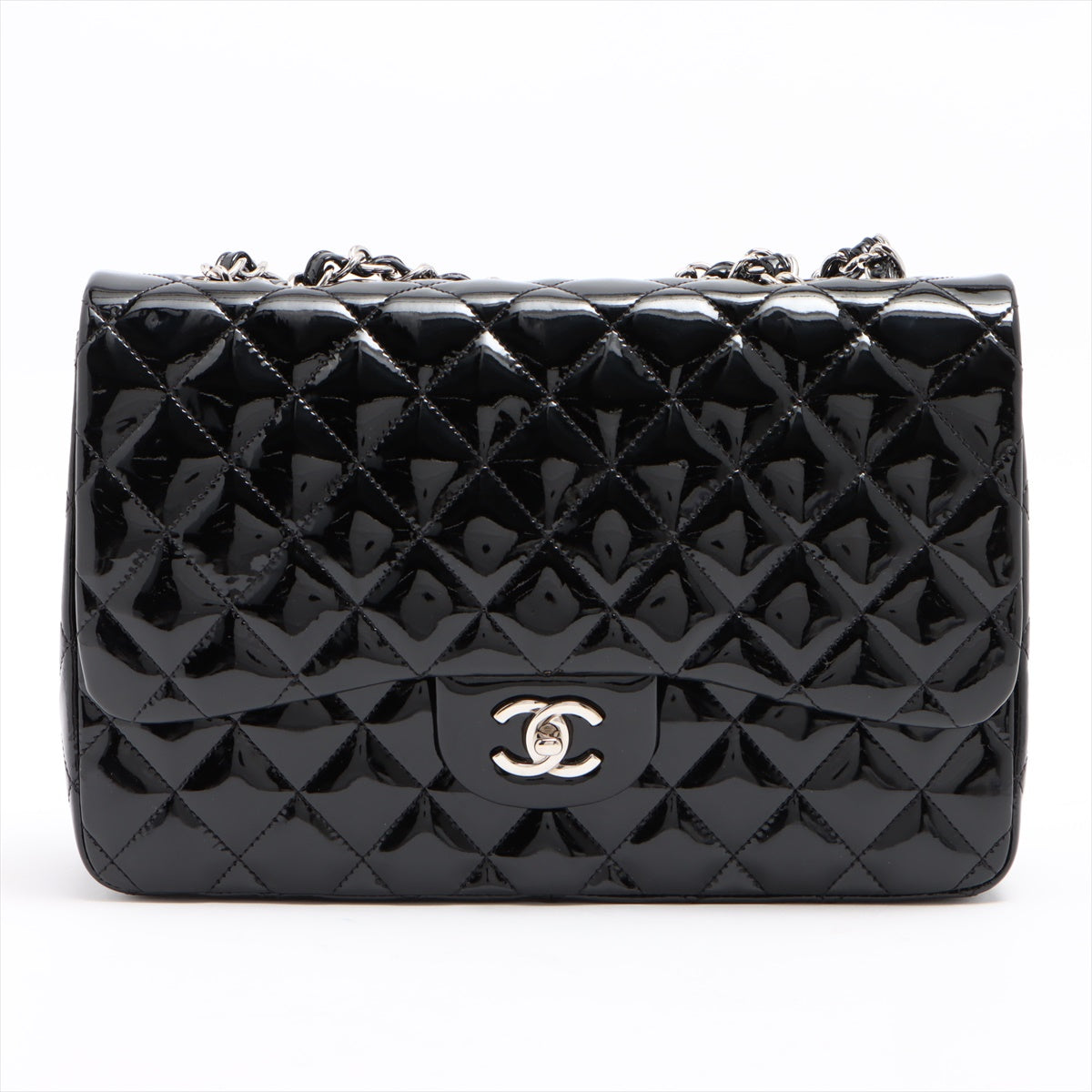SALE Chanel Classic Single Flap Jumbo Black Patent Leather Silver
